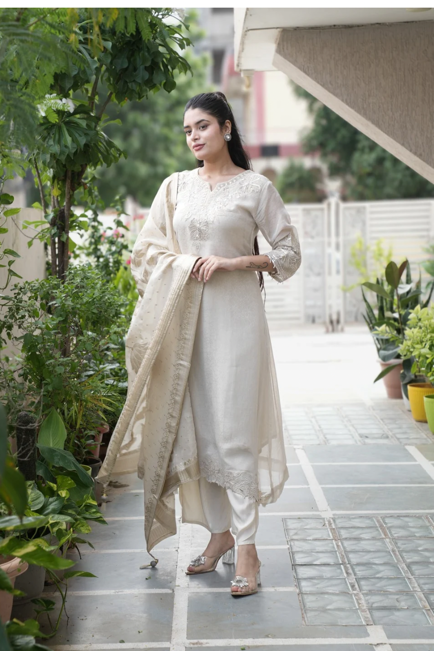 Noor Asymmetric Shimmer Tissue  HandEmbroidered Pant Set - The Jaipur Studio