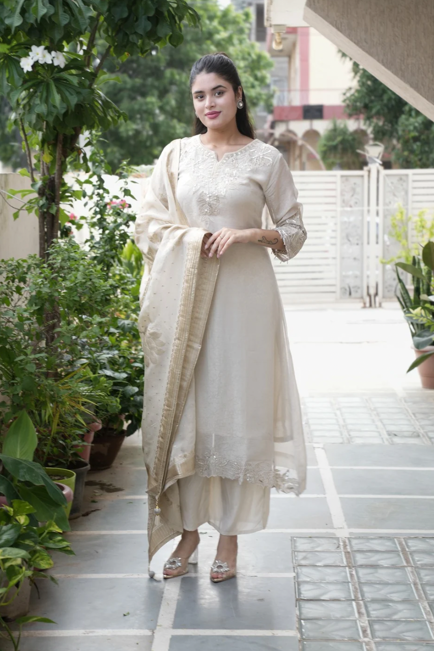 Noor Asymmetric Shimmer Tissue  HandEmbroidered Pant Set - The Jaipur Studio