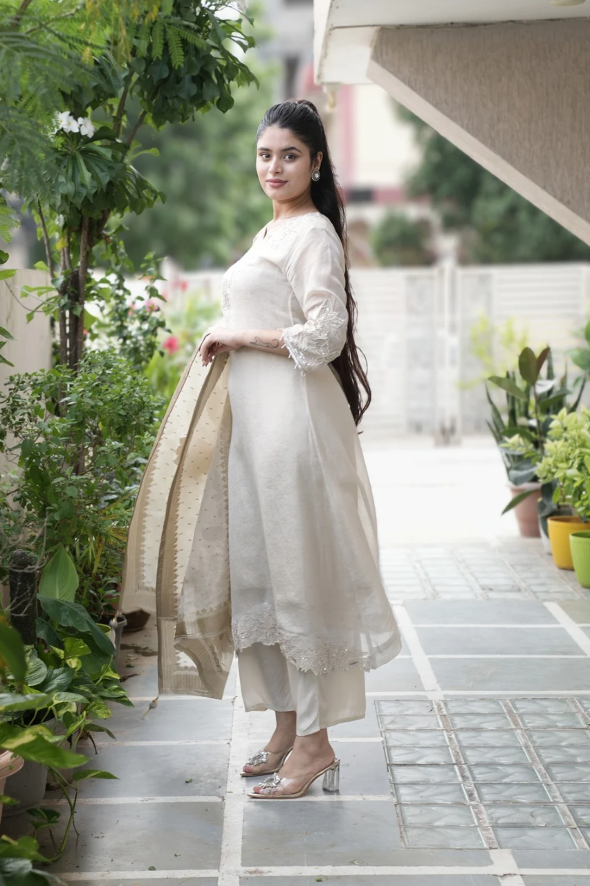 Noor Asymmetric Shimmer Tissue  HandEmbroidered Pant Set - The Jaipur Studio