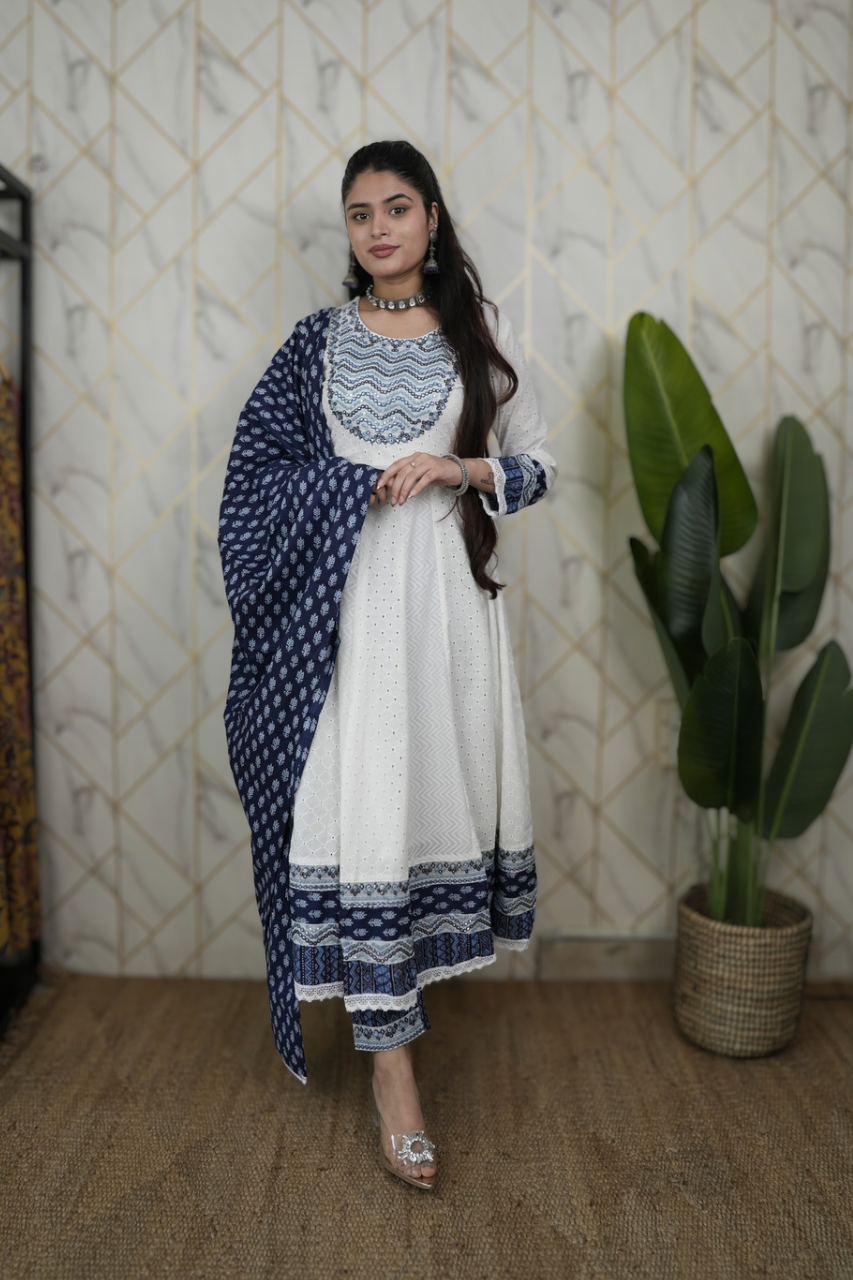 Maya Cotton Sciffili Embroidered Anarkali Set - The Jaipur Studio