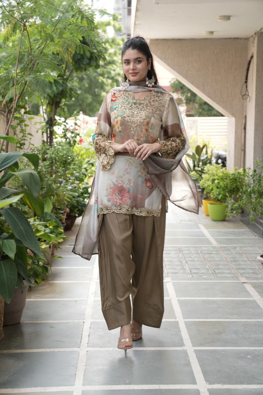 Sara Beige Premium Crepe Detailed Farshi Salwar Set - The Jaipur Studio