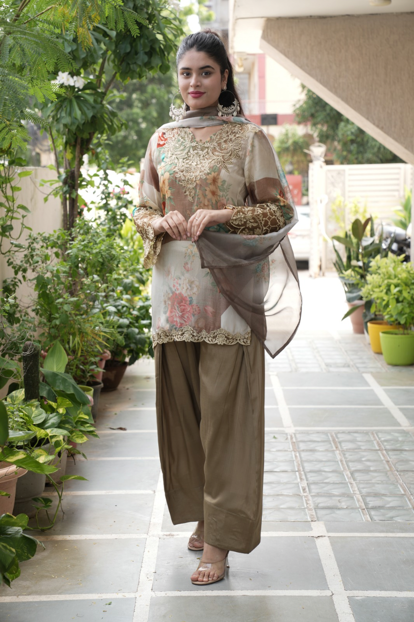 Sara Beige Premium Crepe Detailed Farshi Salwar Set - The Jaipur Studio