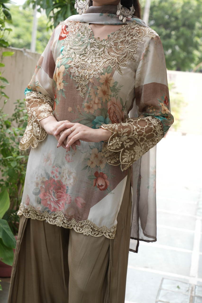Sara Beige Premium Crepe Detailed Farshi Salwar Set - The Jaipur Studio