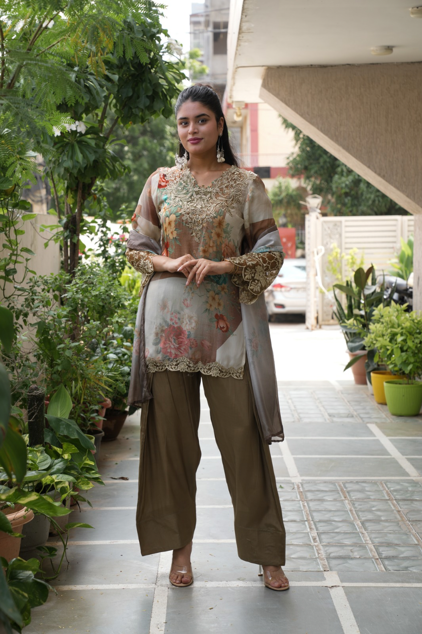 Sara Beige Premium Crepe Detailed Farshi Salwar Set - The Jaipur Studio