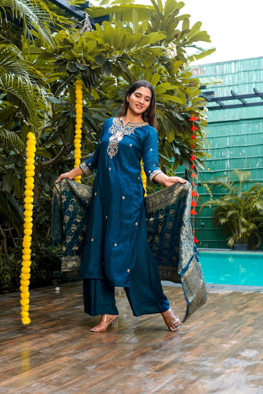 Aviva Silk Festive HandEmbroidered Pant Set
