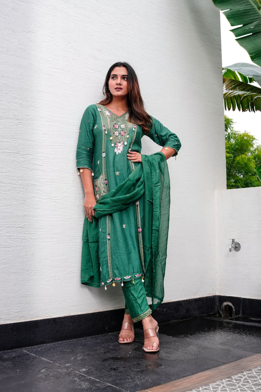 Emerald green and rani pink ethnic wear colour combination