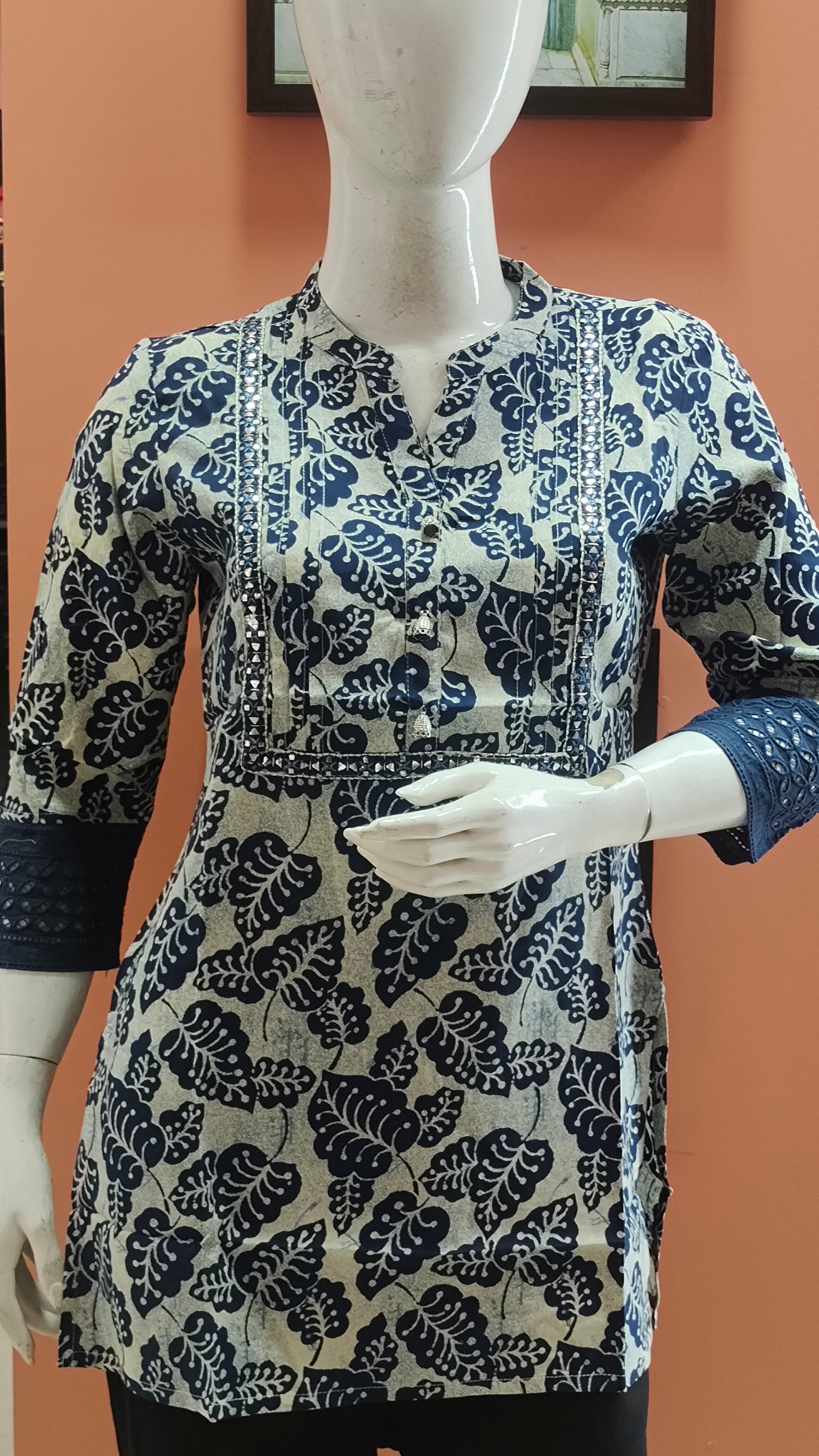 Deep Blue Floral Casual Cotton Short Top