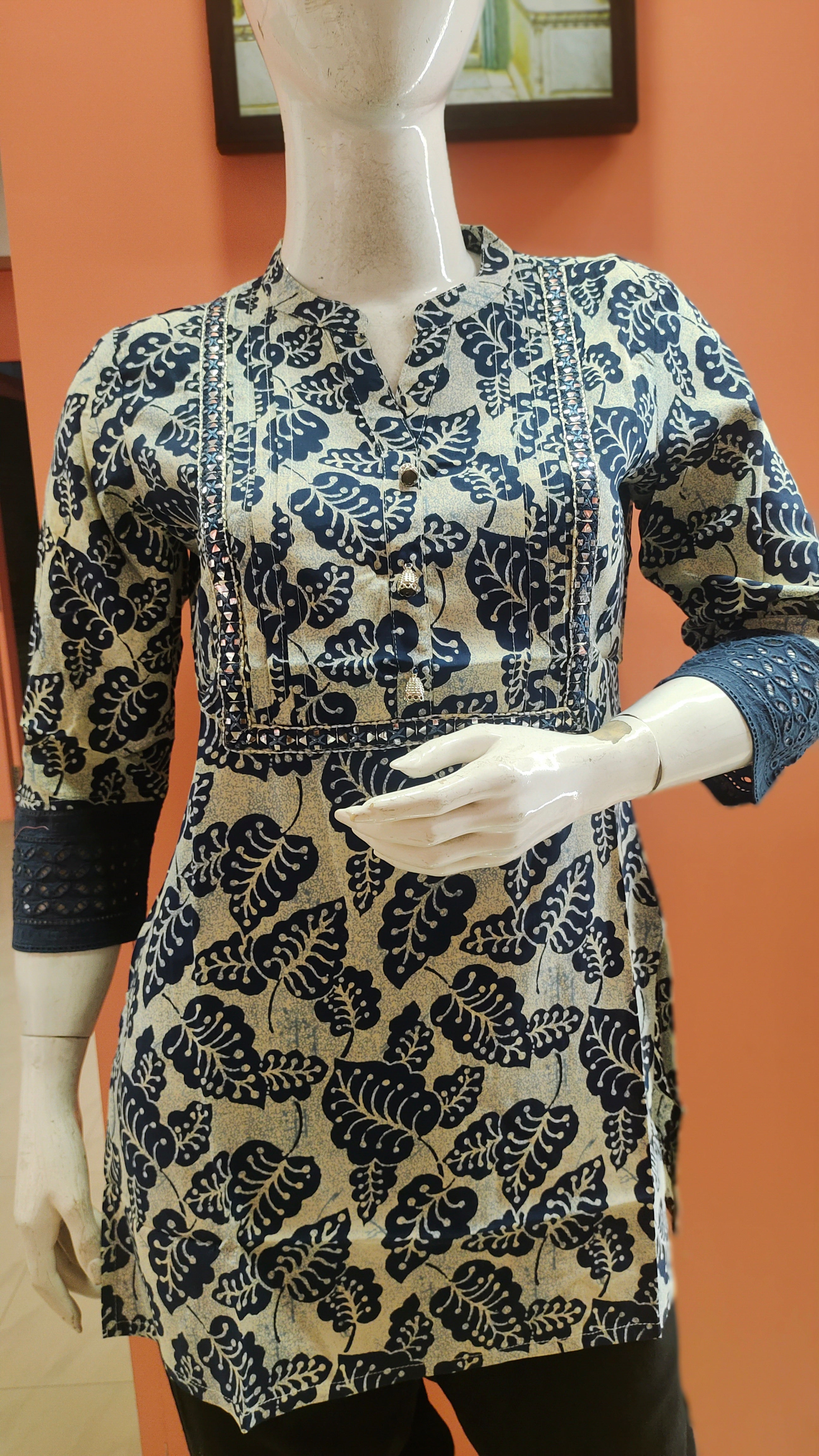 Deep Blue Floral Casual Cotton Short Top