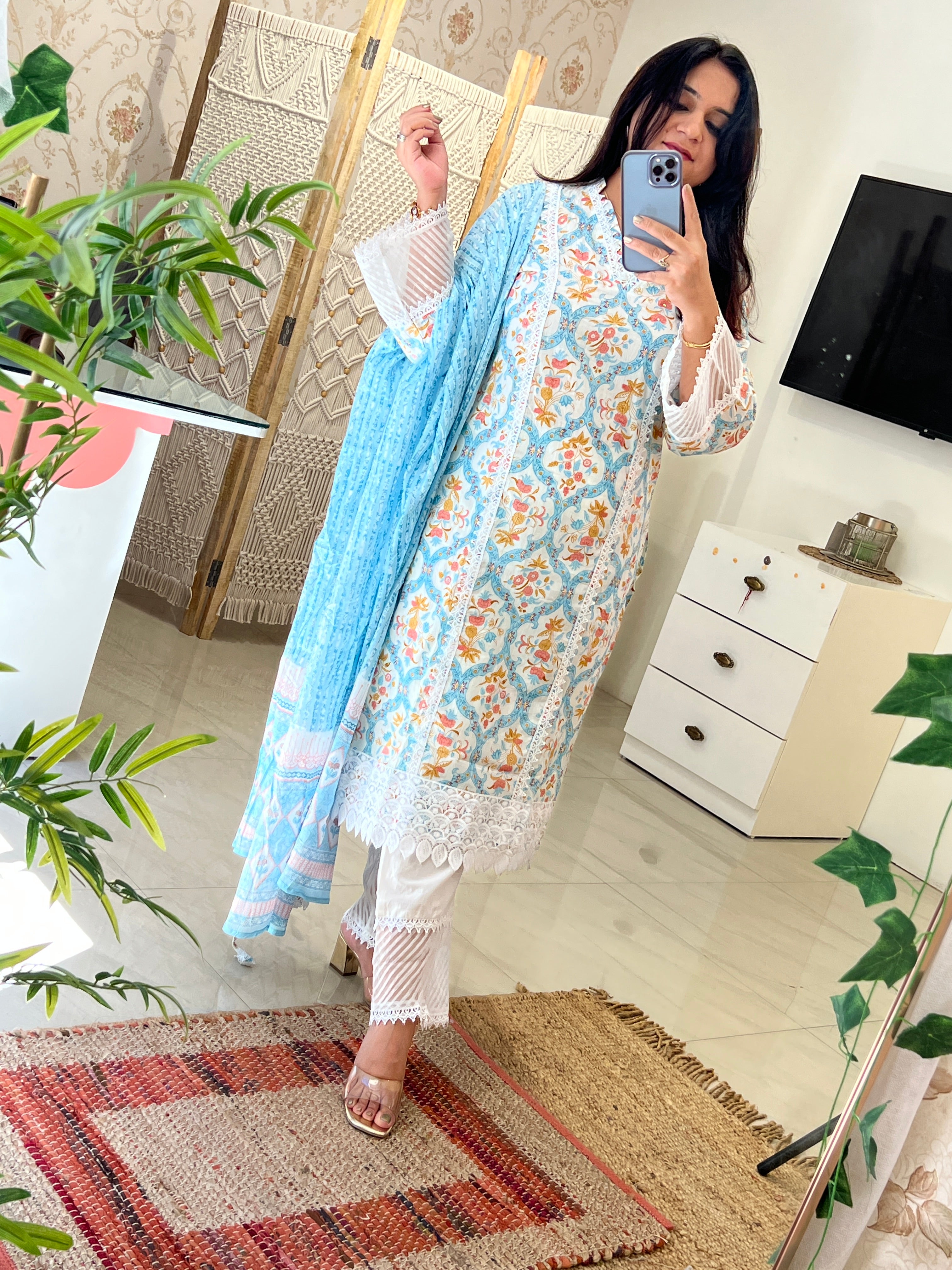 Shabana Cotton Pakistani Suit with Lace Detailing - The Jaipur Studio