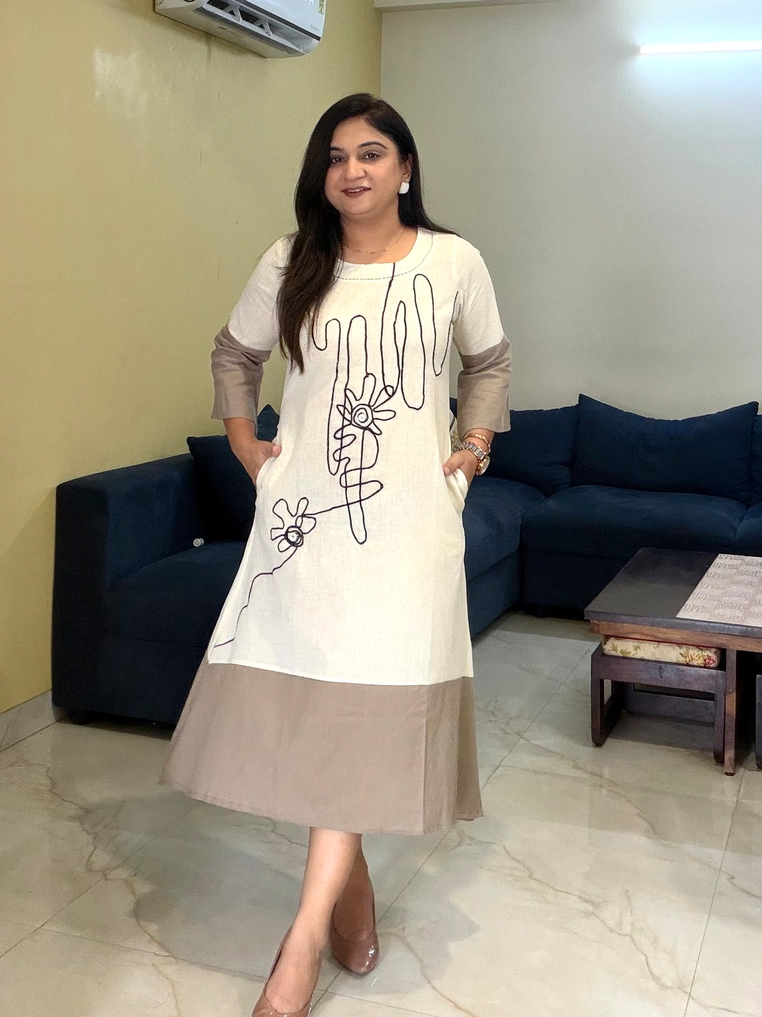Meeral Cotton Floral Embroidered A-line Long Dress