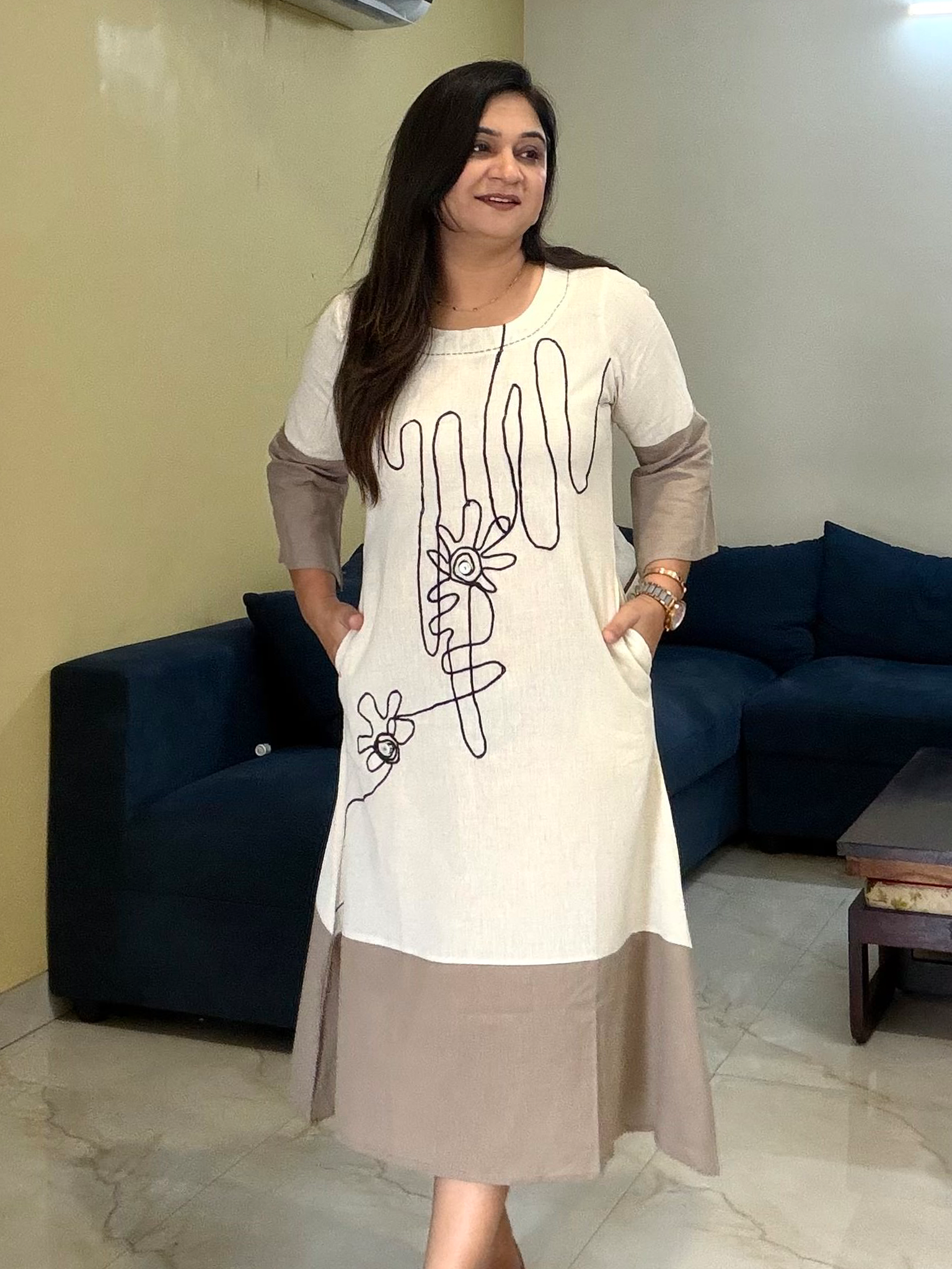Meeral Cotton Floral Embroidered A-line Long Dress