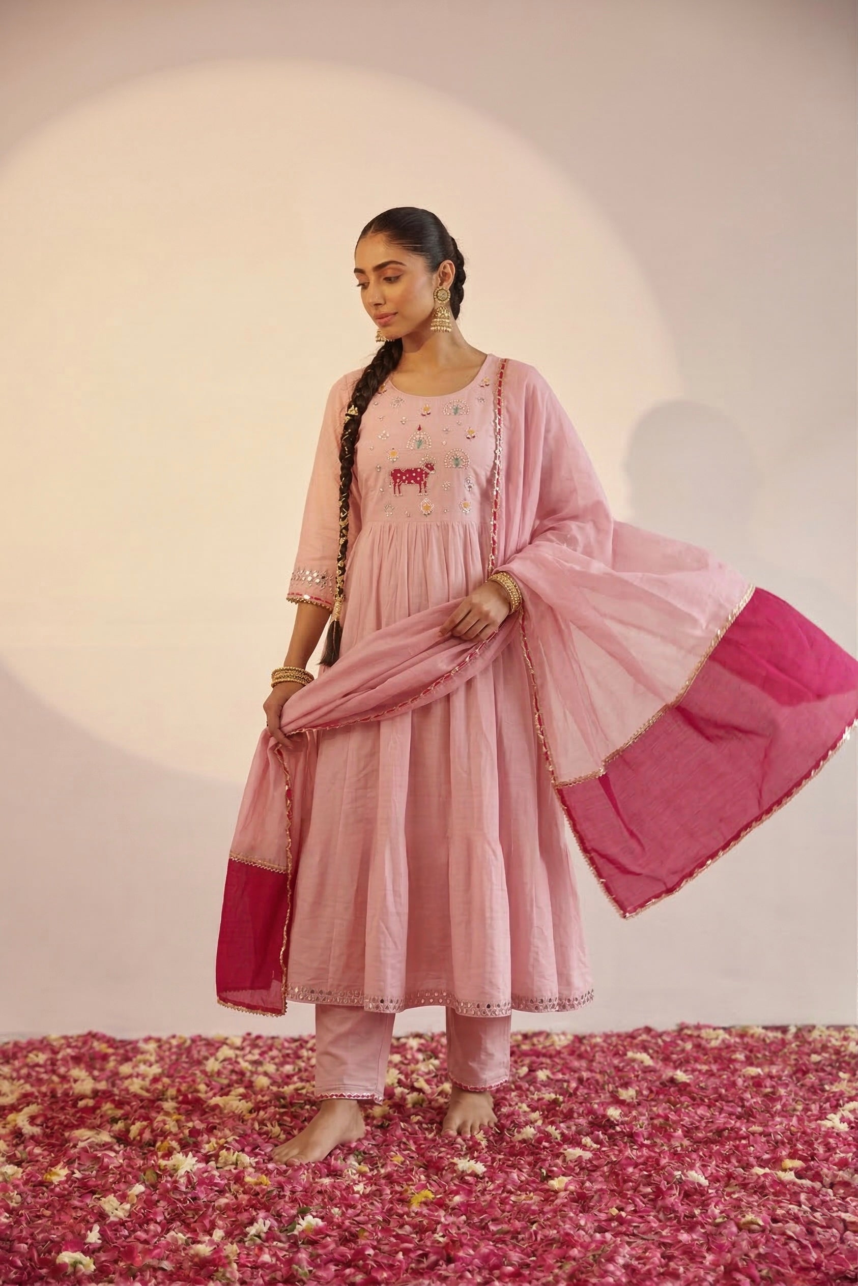 Sufia Pink Mul Chanderi HandEmbroidered A-line Dupatta Set