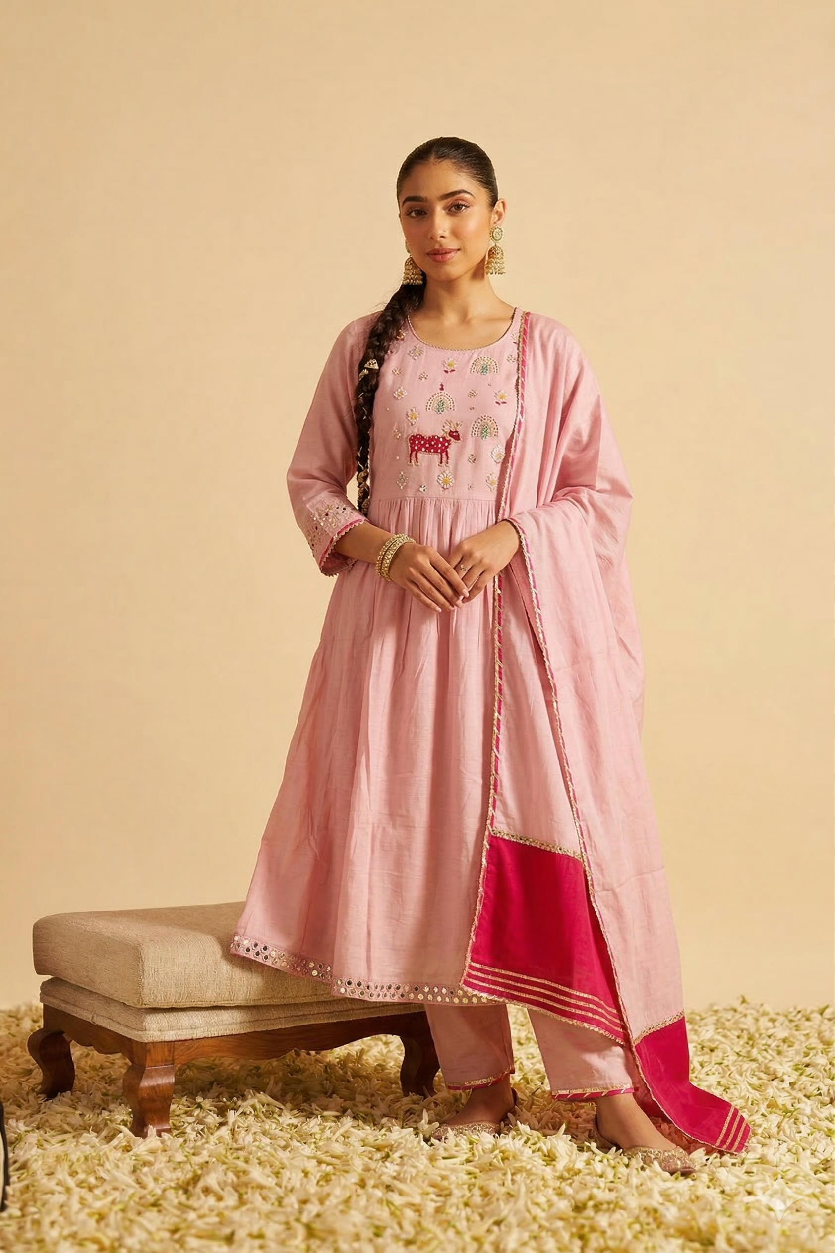 Sufia Pink Mul Chanderi HandEmbroidered A-line Dupatta Set