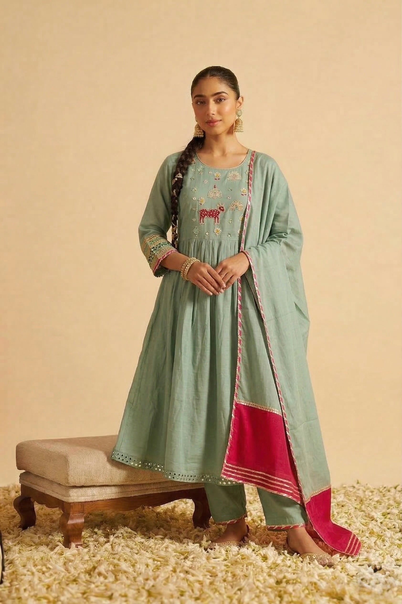 Sufia Green Mul Chanderi Hand Embroidered A-line Dupatta Set