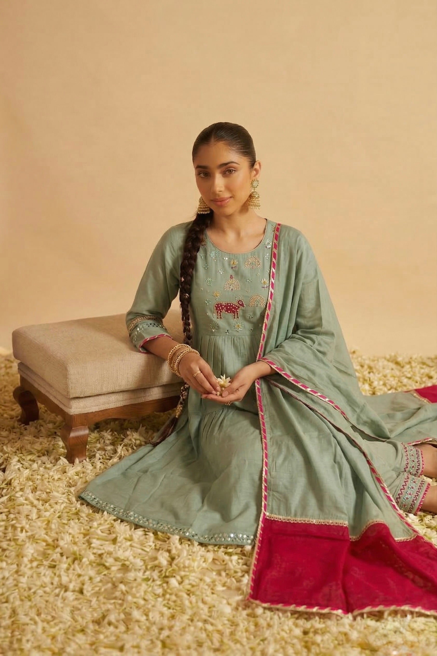 Sufia Green Mul Chanderi Hand Embroidered A-line Dupatta Set