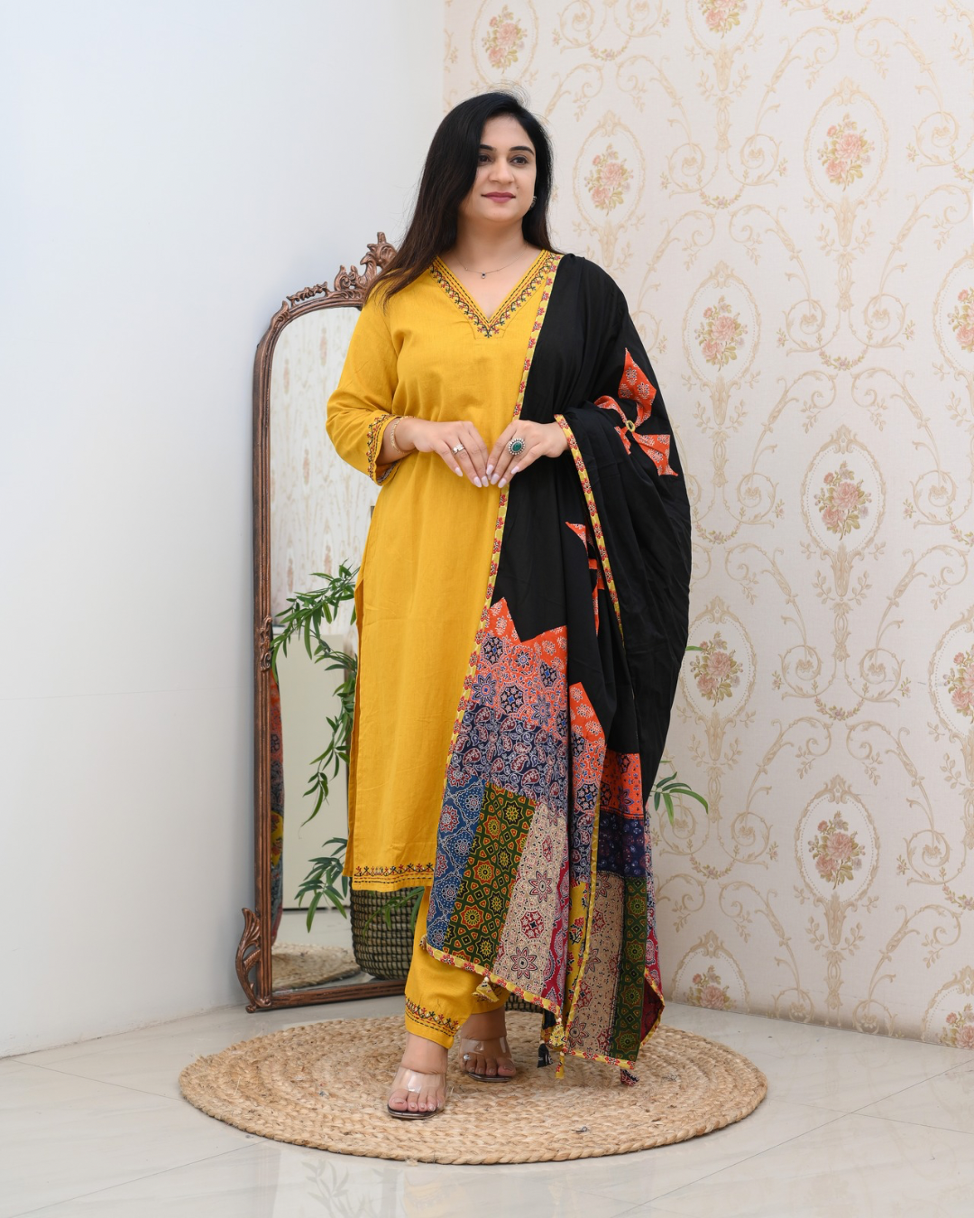 Cotton Embroidered Pant Set with Ajrakh Appliqué Dupatta