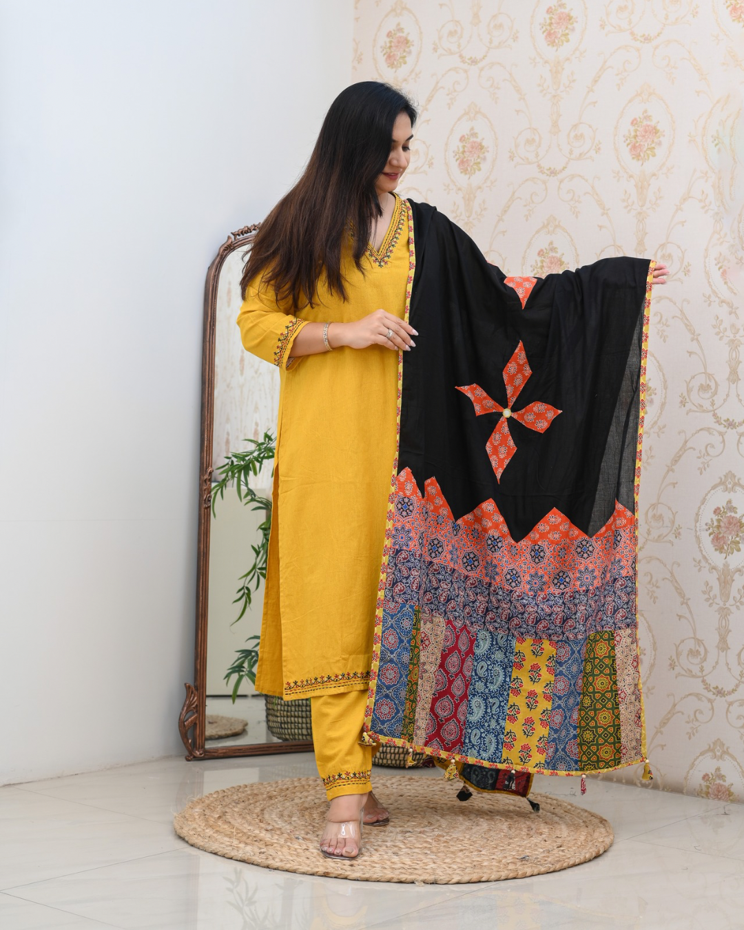 Cotton Embroidered Pant Set with Ajrakh Appliqué Dupatta