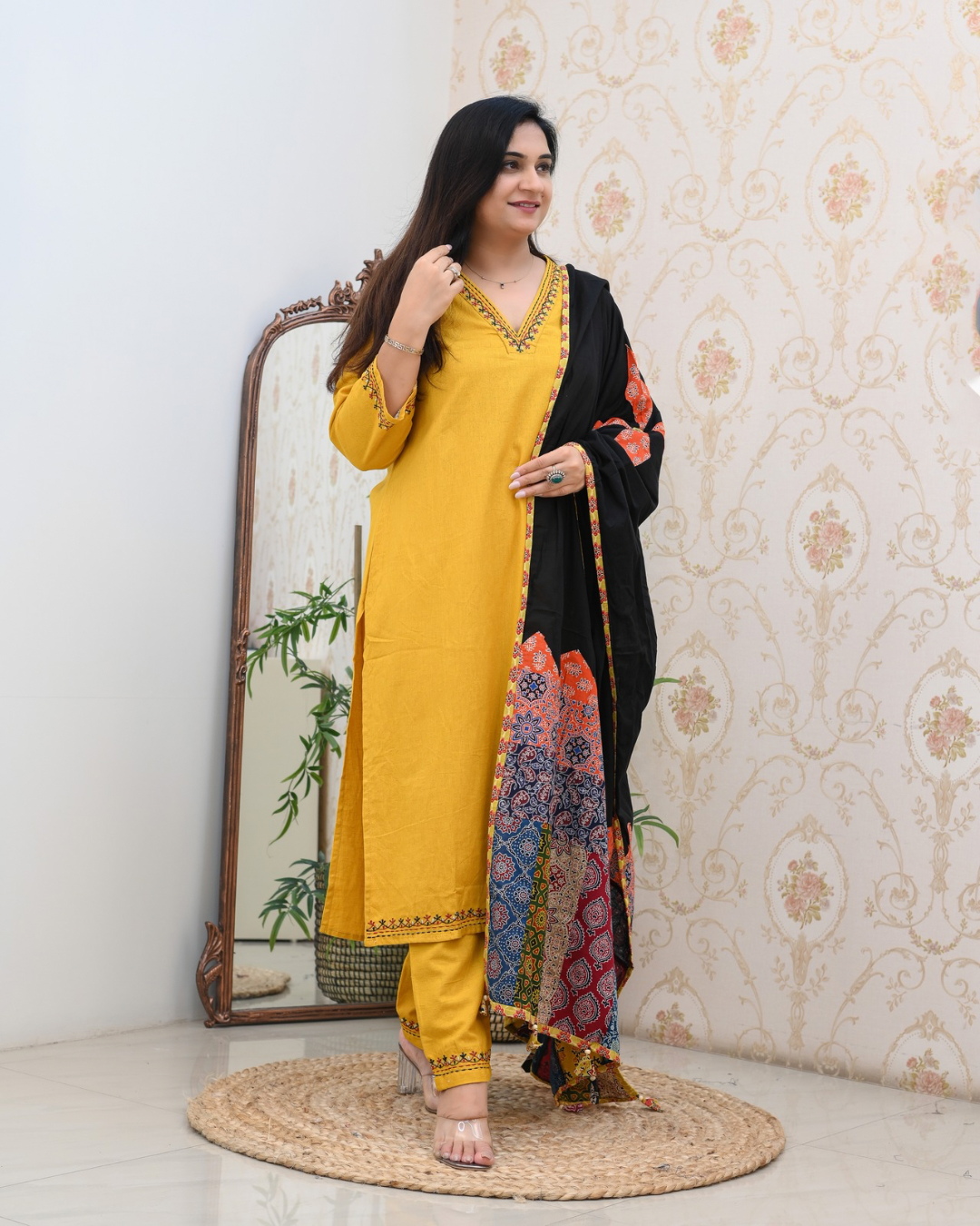 Cotton Embroidered Pant Set with Ajrakh Appliqué Dupatta