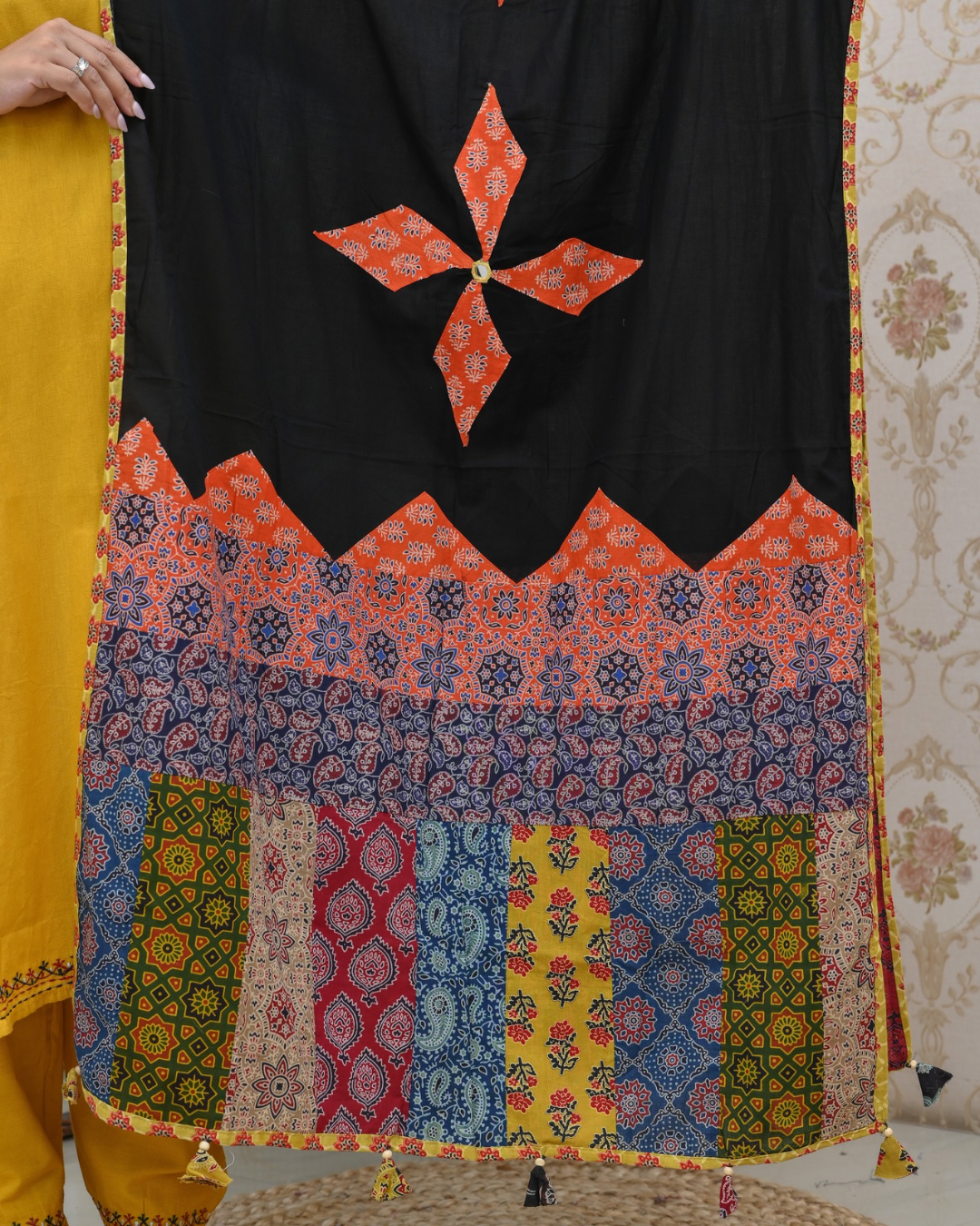 Cotton Embroidered Pant Set with Ajrakh Appliqué Dupatta