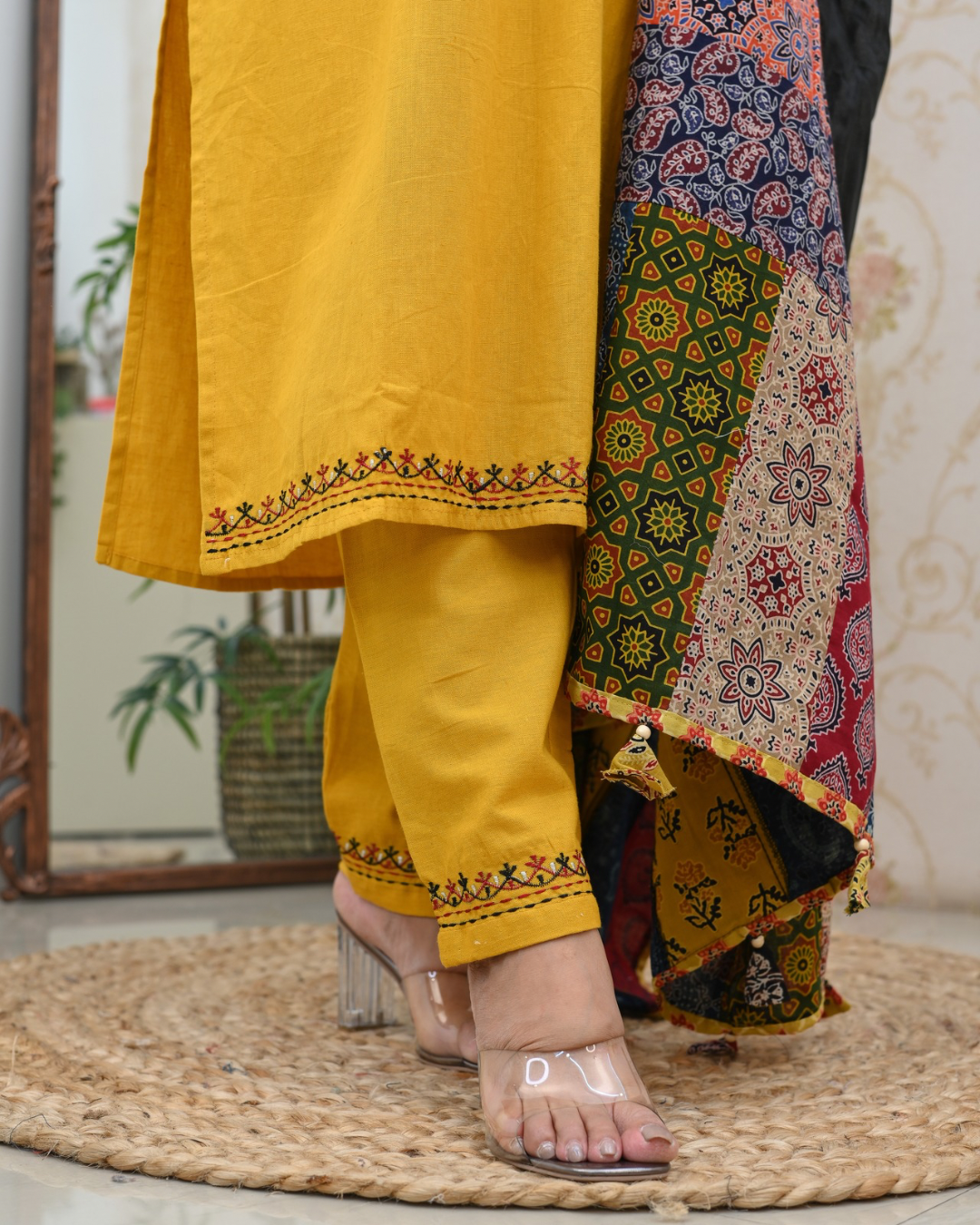 Cotton Embroidered Pant Set with Ajrakh Appliqué Dupatta