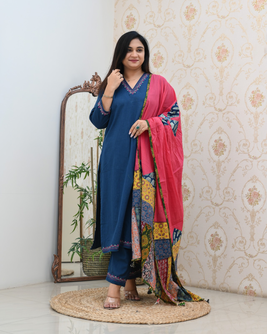 Cotton Embroidered Pant Set with Ajrakh Appliqué Dupatta