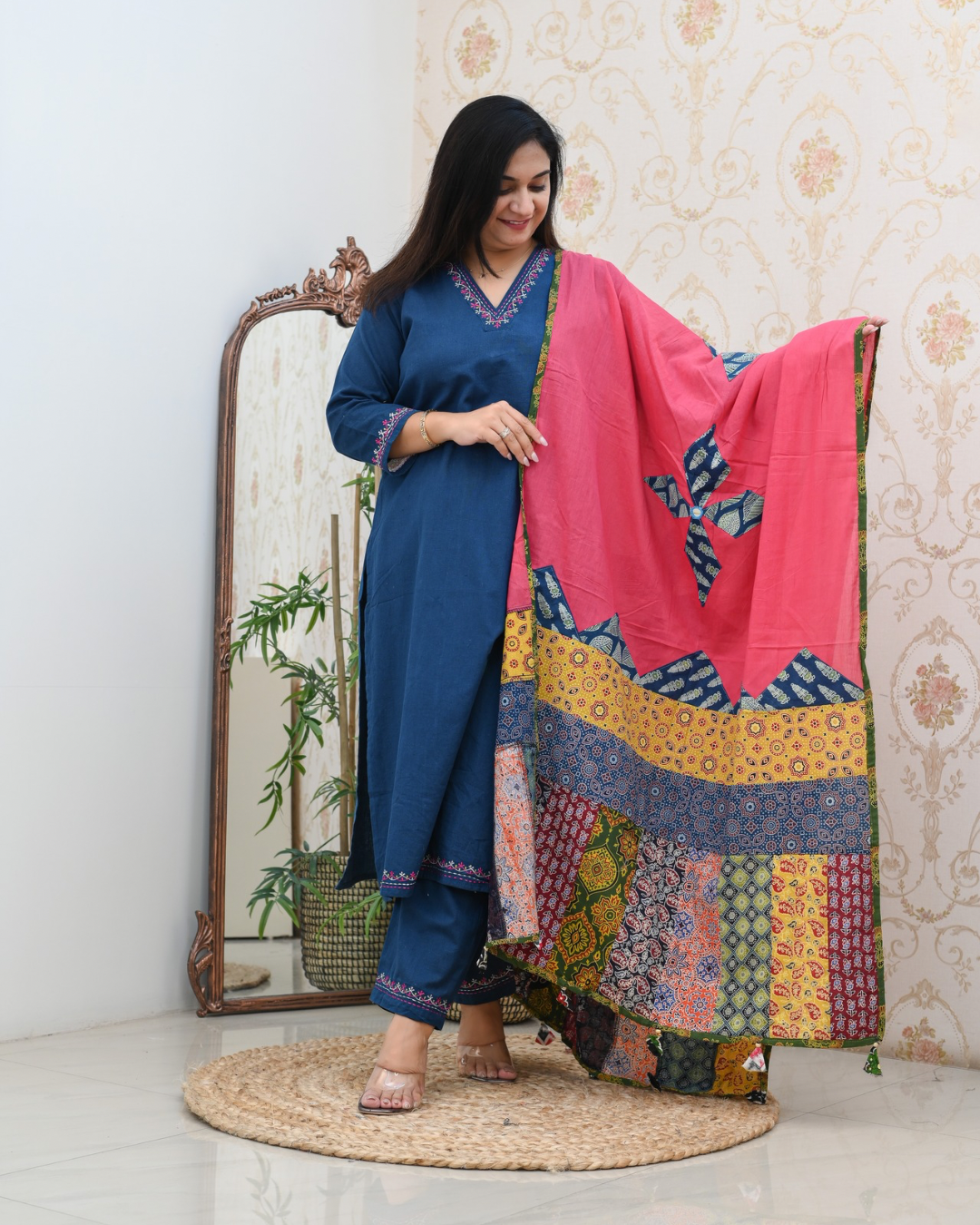 Cotton Embroidered Pant Set with Ajrakh Appliqué Dupatta