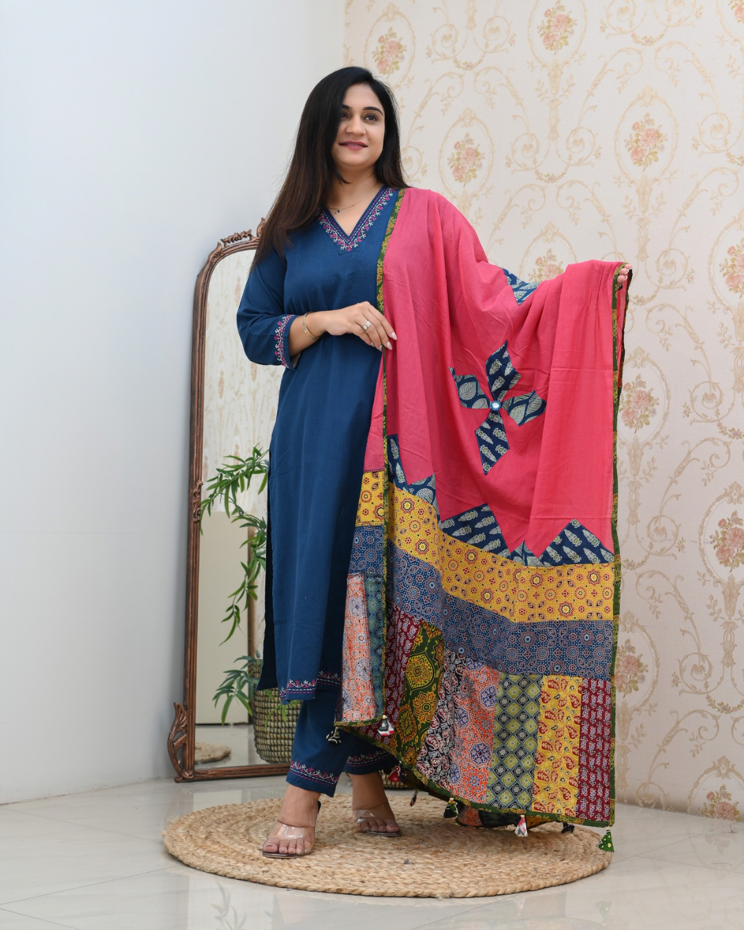 Cotton Embroidered Pant Set with Ajrakh Appliqué Dupatta