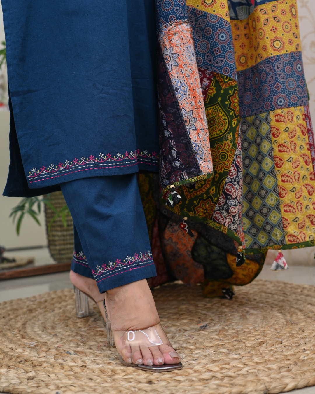 Cotton Embroidered Pant Set with Ajrakh Appliqué Dupatta - The Jaipur Studio