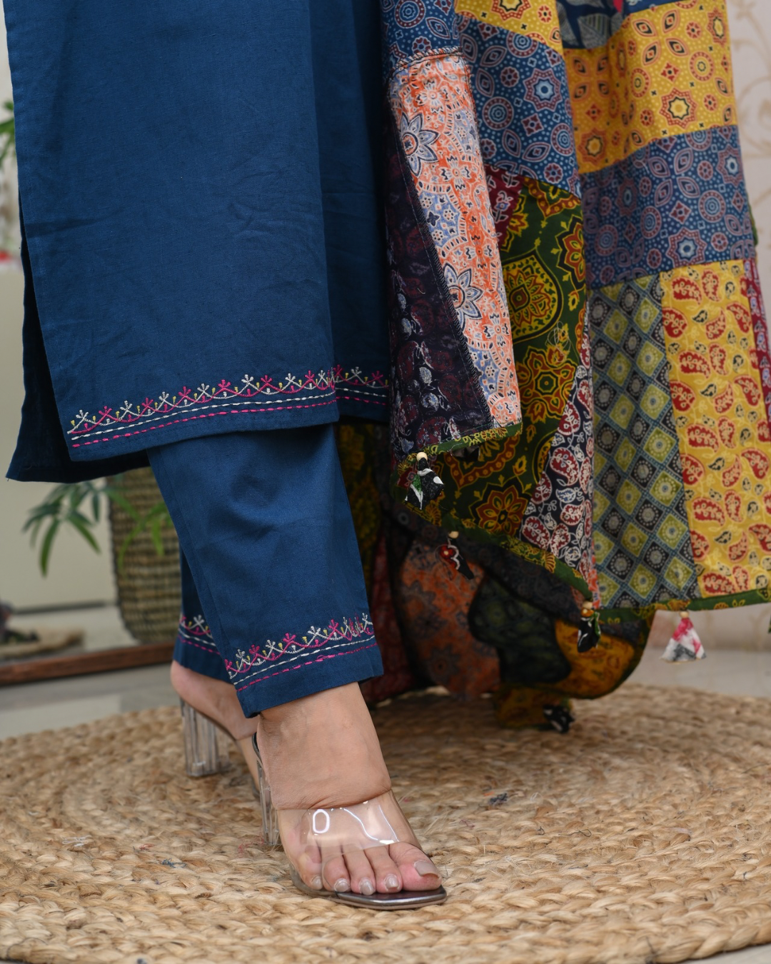 Cotton Embroidered Pant Set with Ajrakh Appliqué Dupatta