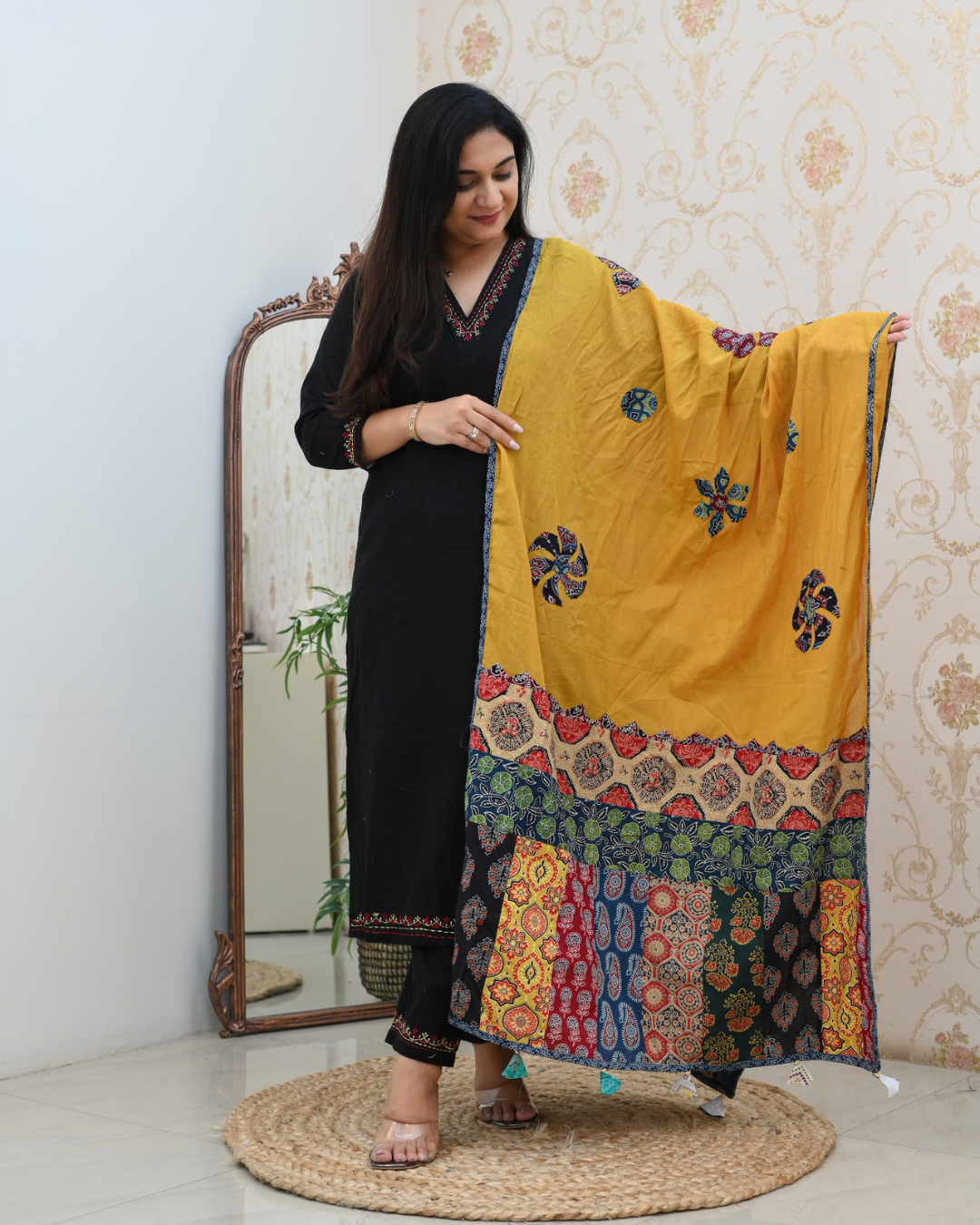 Cotton Embroidered Pant Set with Ajrakh Appliqué Dupatta