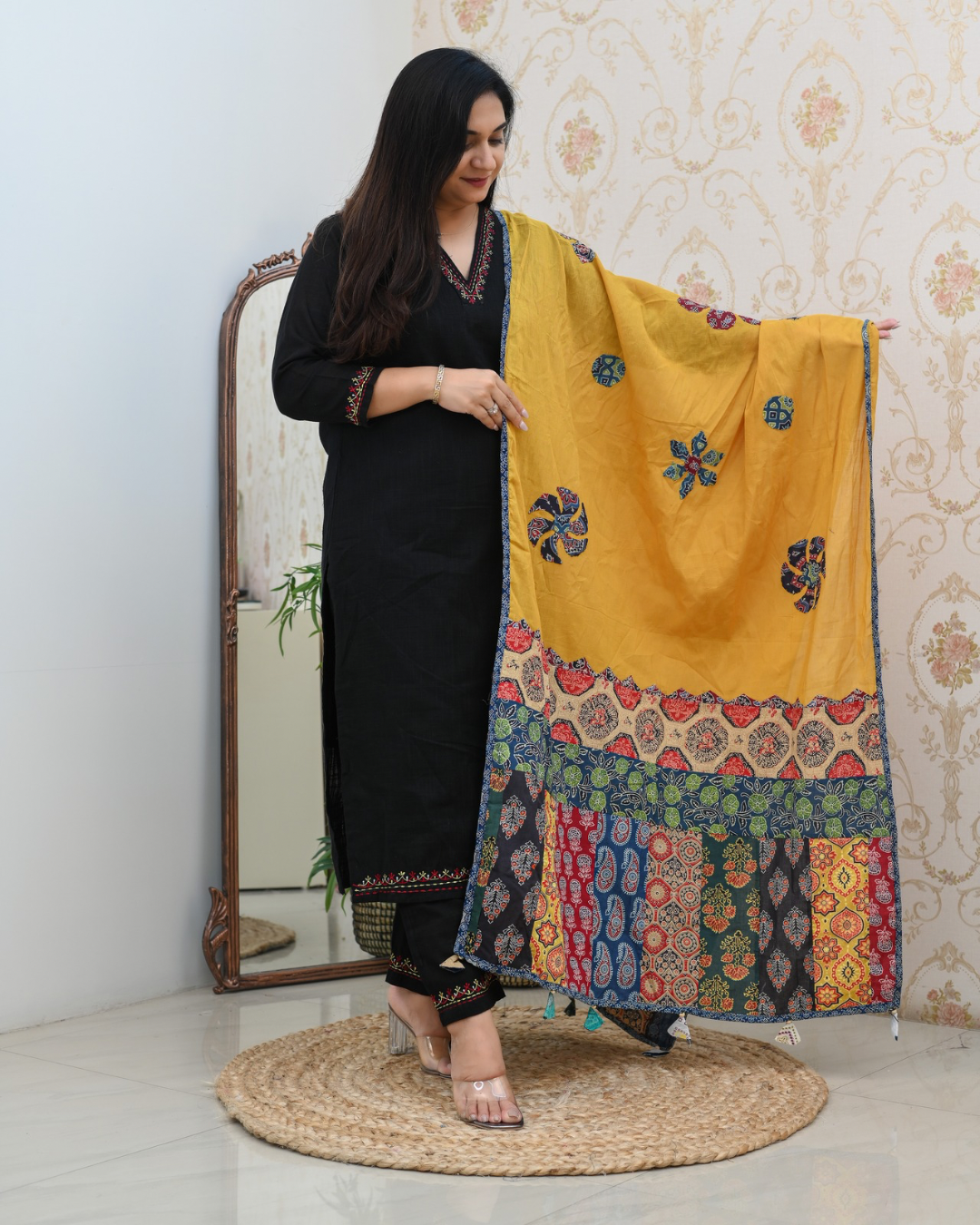 Cotton Embroidered Pant Set with Ajrakh Appliqué Dupatta