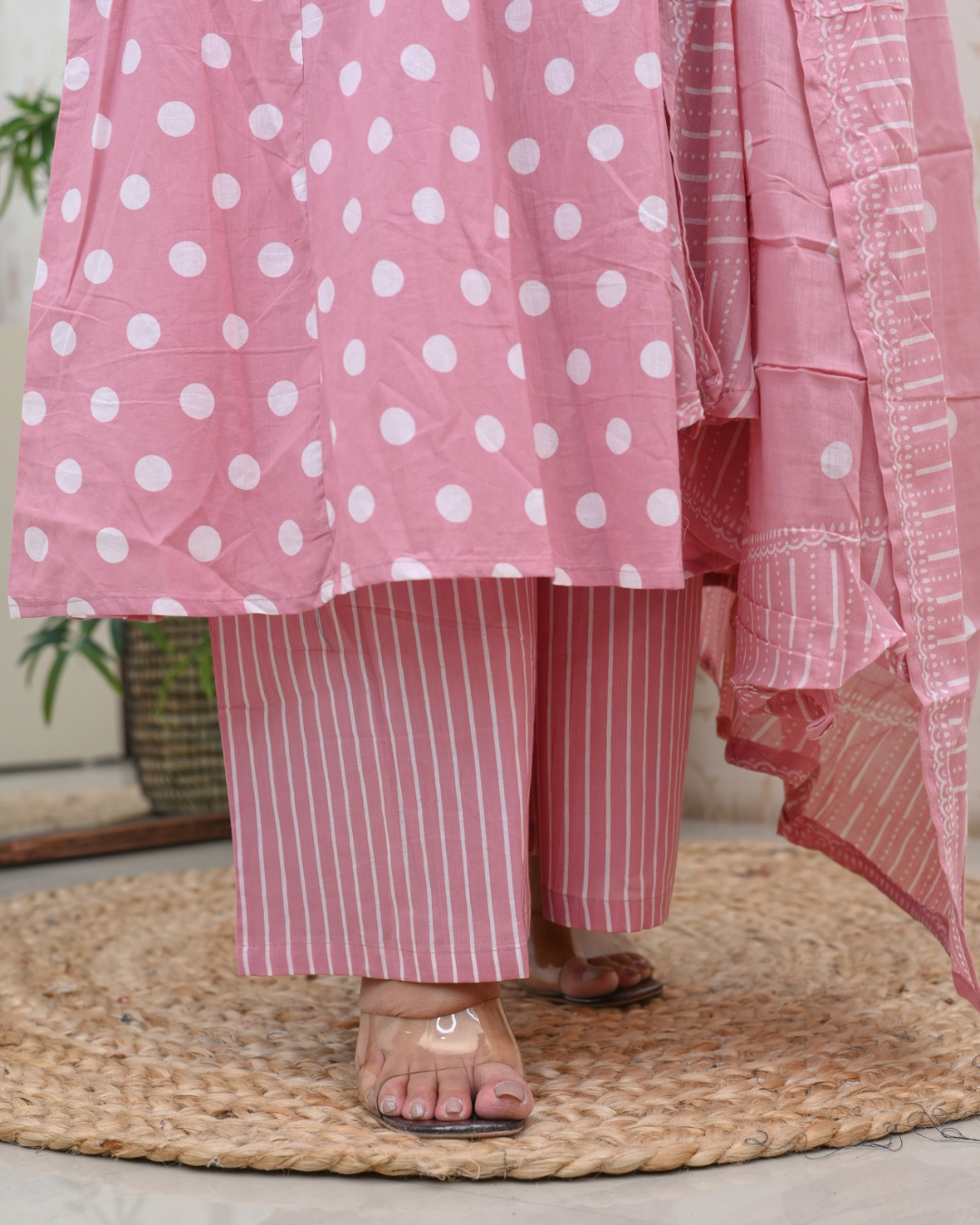 Pink Polka Cotton A-line Divider Set with Pockets