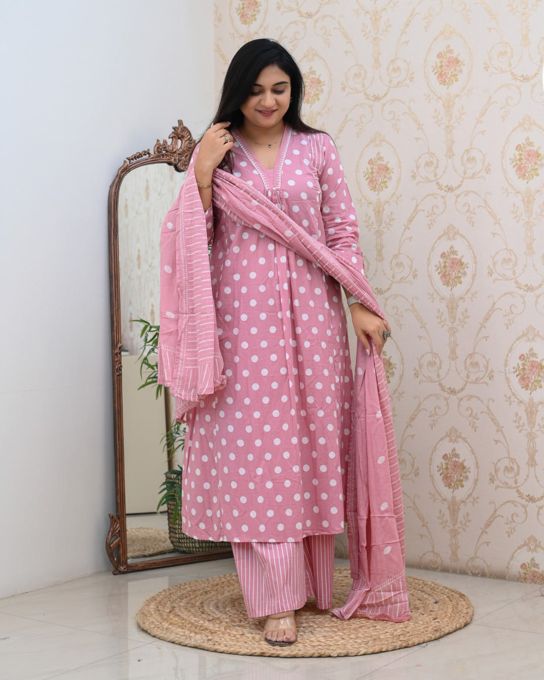 Pink Polka Cotton A-line Divider Set with Pockets