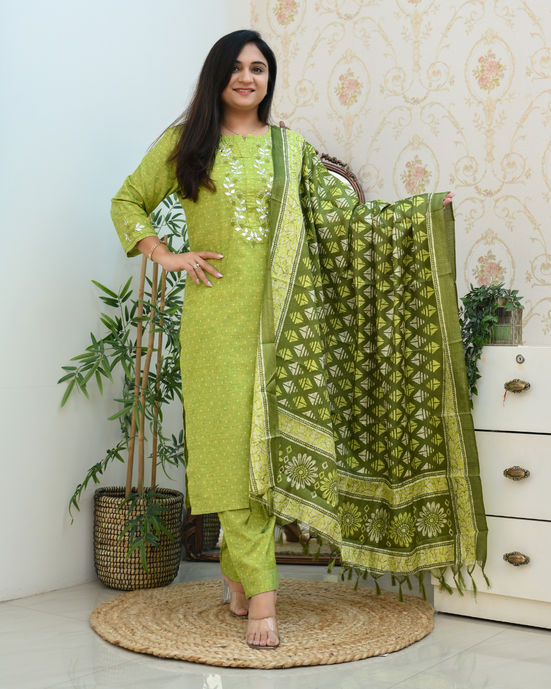 Green Handloom Embroidered Dupatta Suit