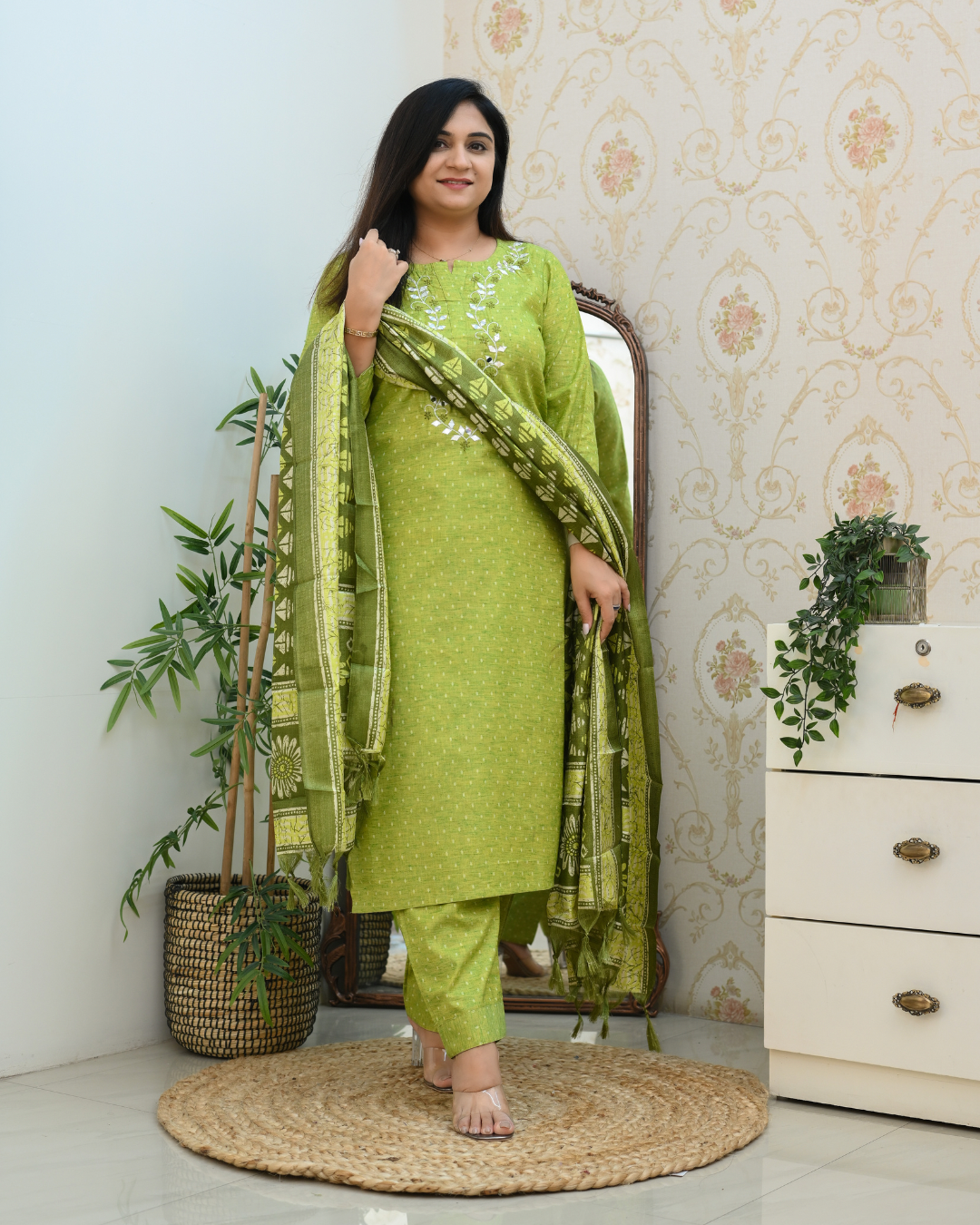 Green Handloom Embroidered Dupatta Suit