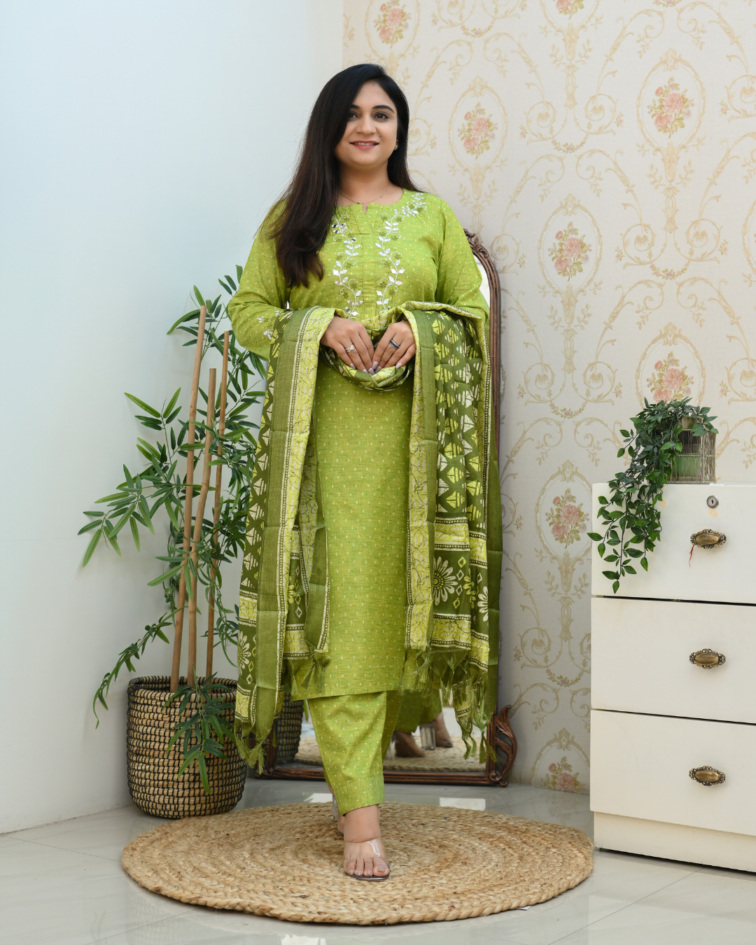 Green Handloom Embroidered Dupatta Suit