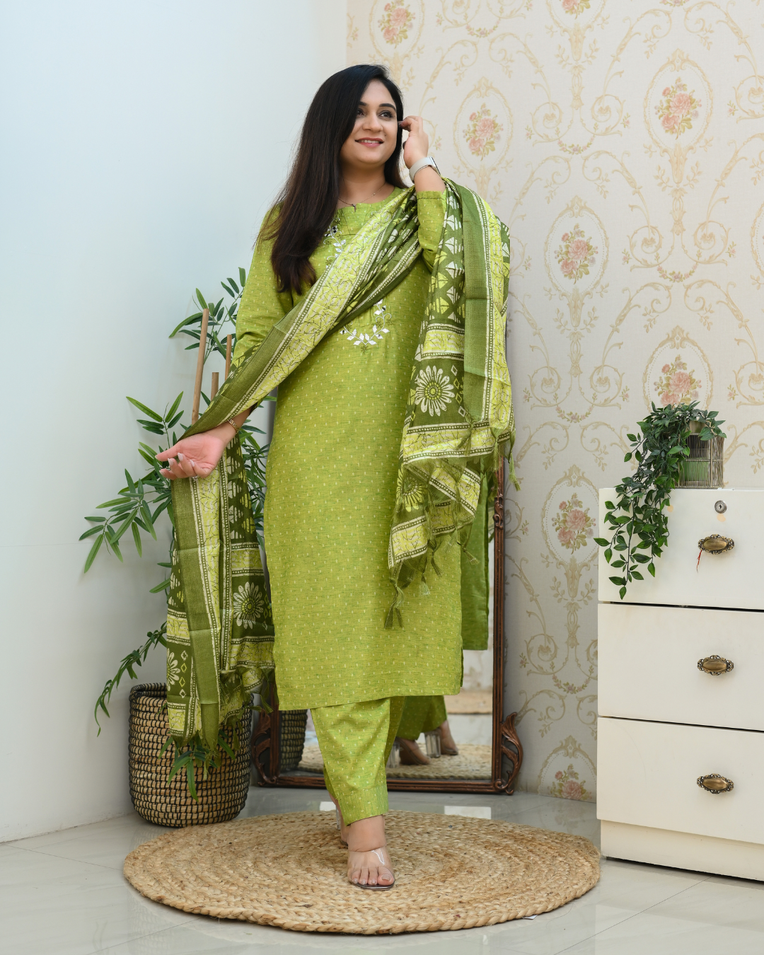 Green Handloom Embroidered Dupatta Suit