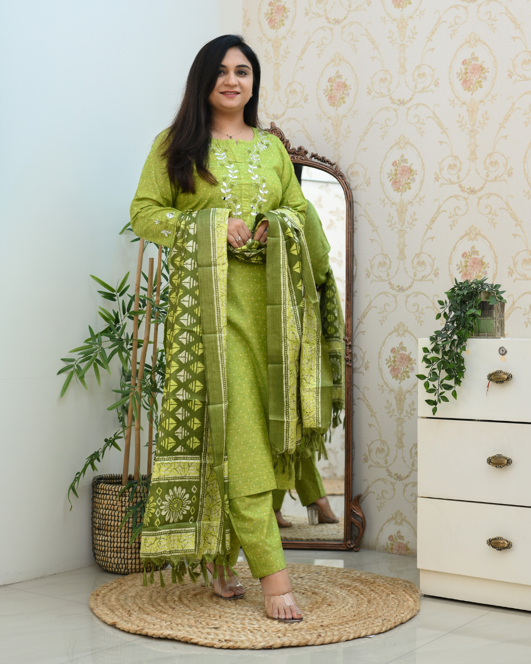 Green Handloom Embroidered Dupatta Suit