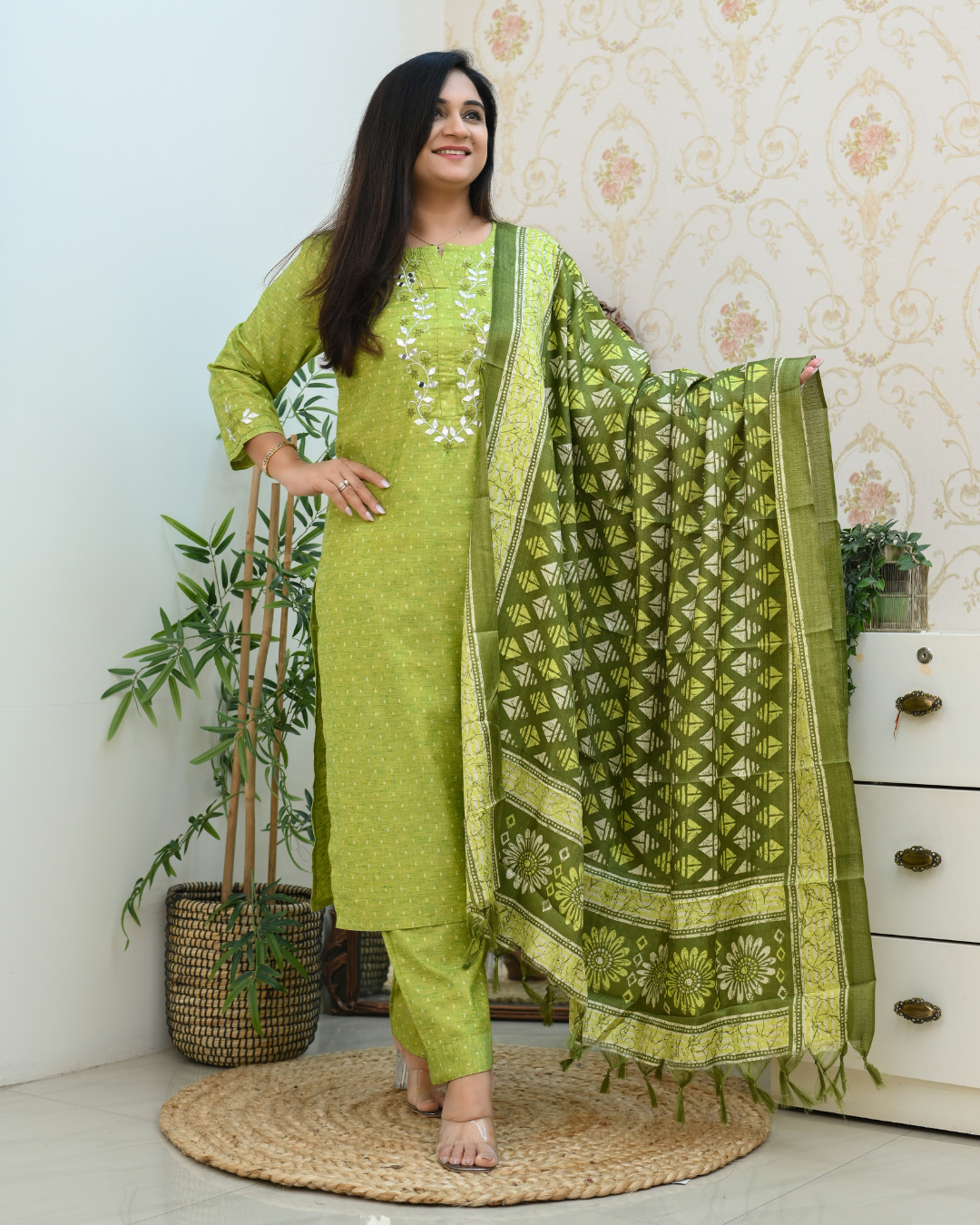 Green Handloom Embroidered Dupatta Suit