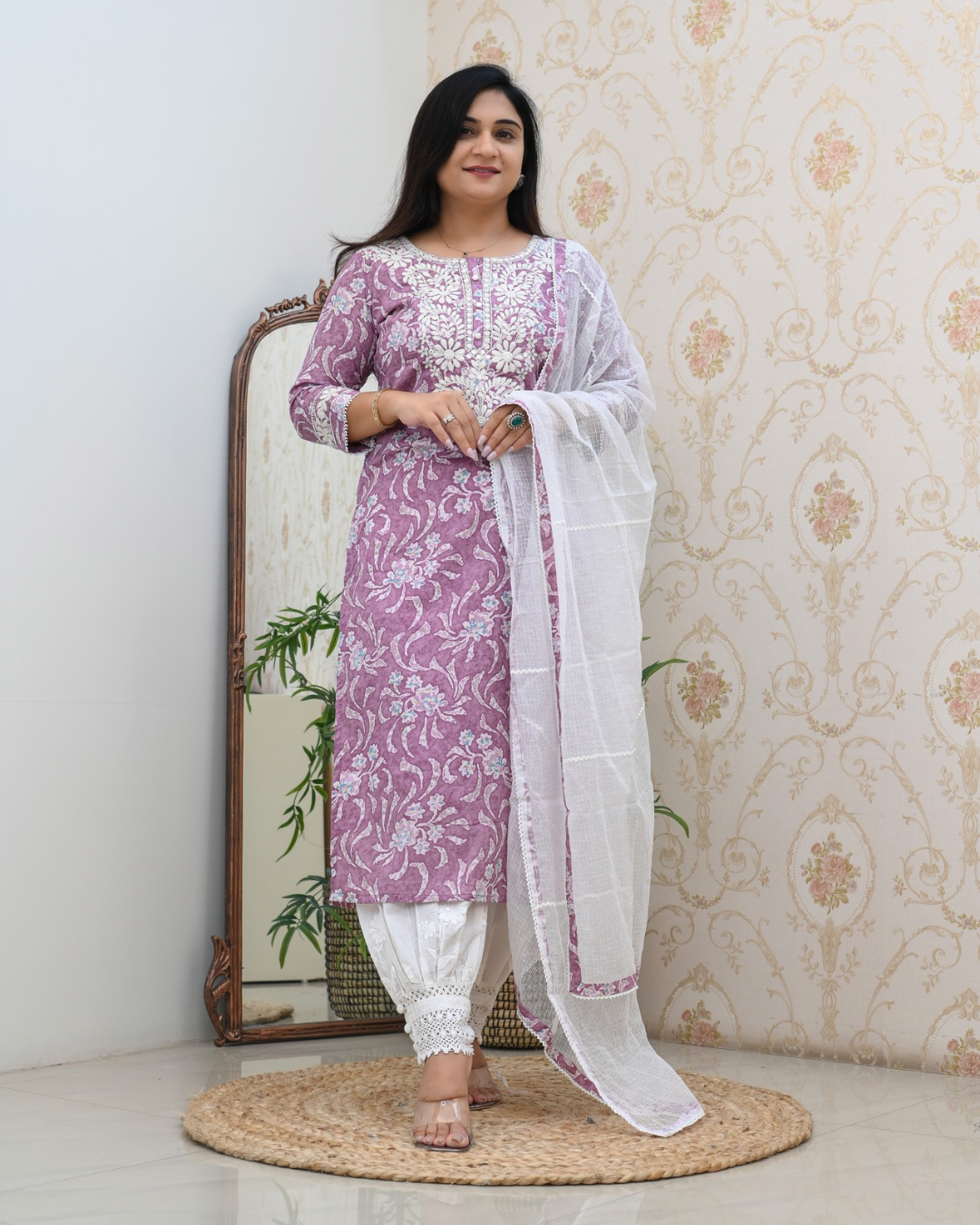 Mul Cotton Floral Lucknowi Gulnar Set