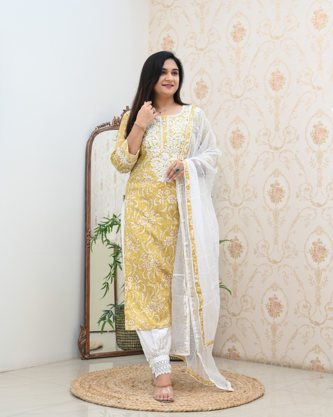 Mul Cotton Floral Lucknowi Gulnar Set