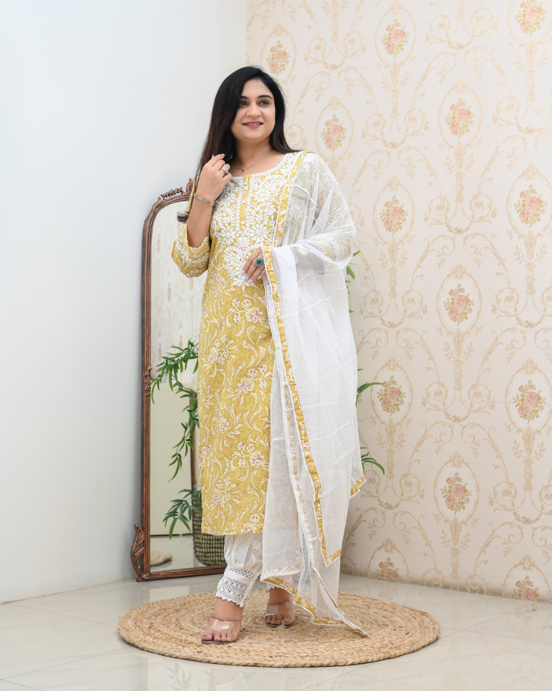 Mul Cotton Floral Lucknowi Gulnar Set