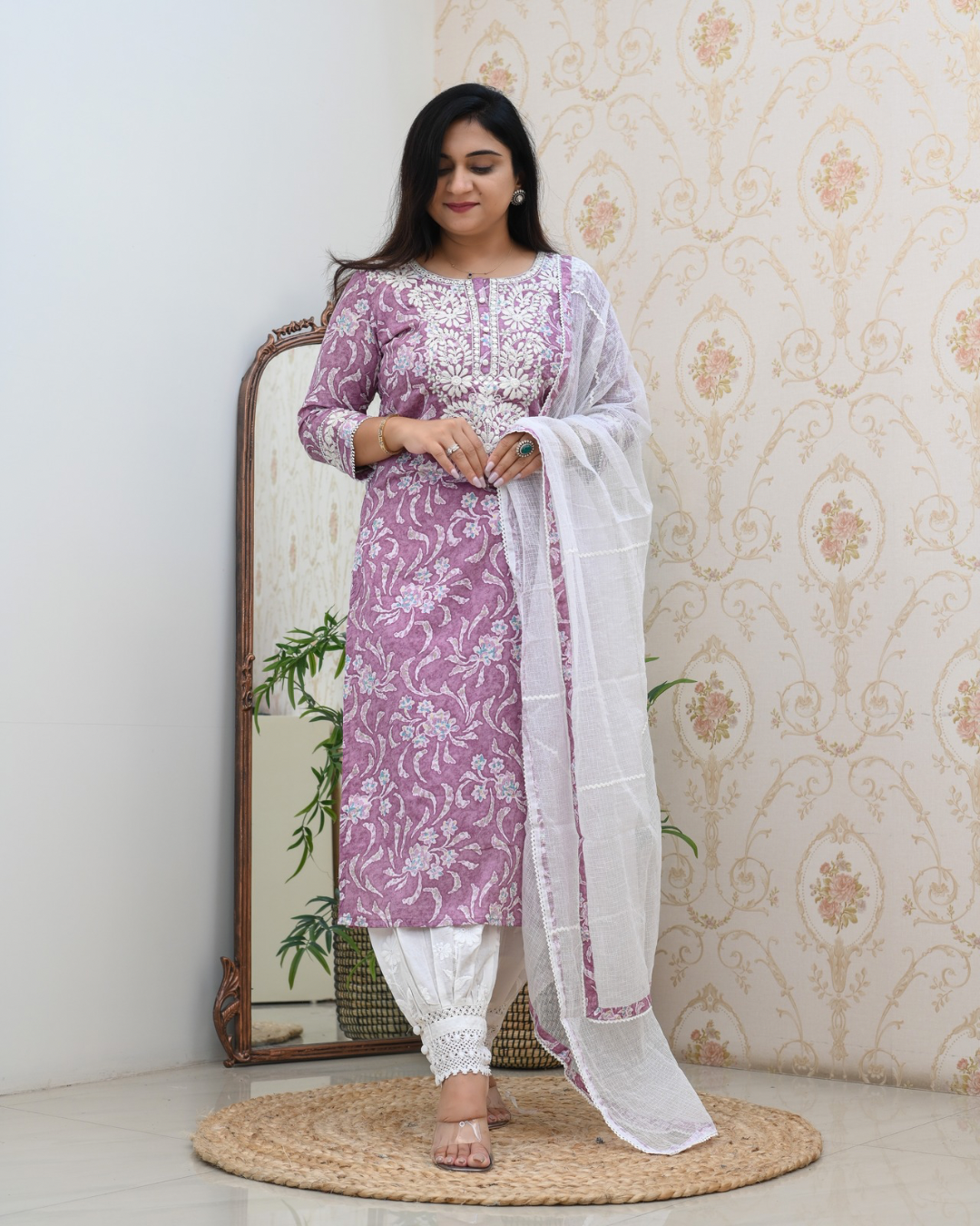 Mul Cotton Floral Lucknowi Gulnar Set