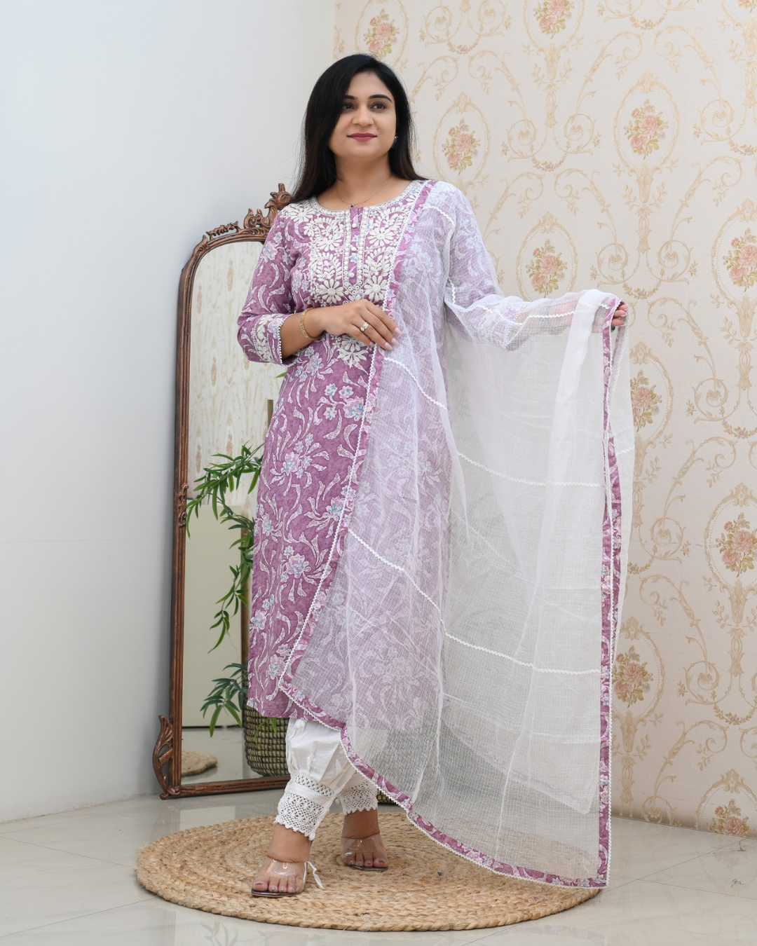 Mul Cotton Floral Lucknowi Gulnar Set