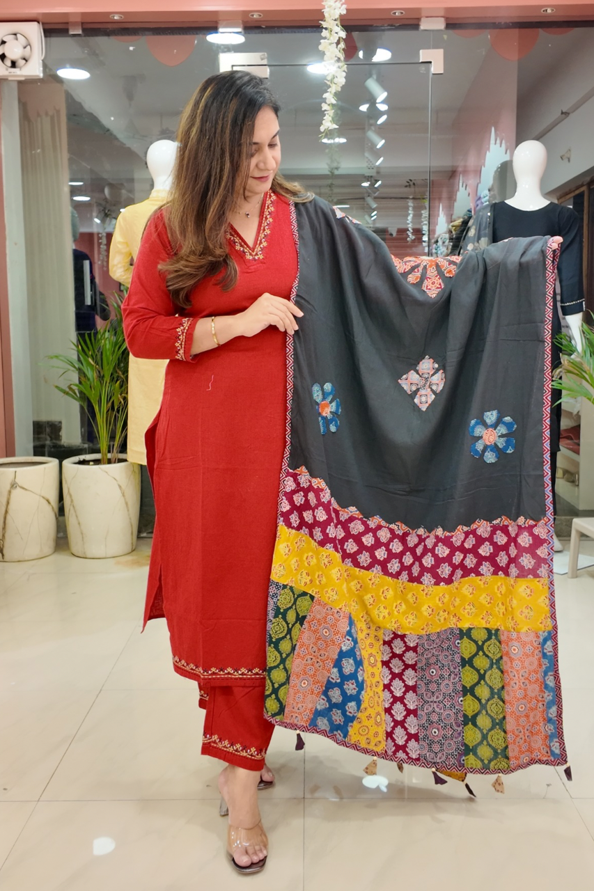 Cotton Embroidered Pant Set with Ajrakh Appliqué Dupatta