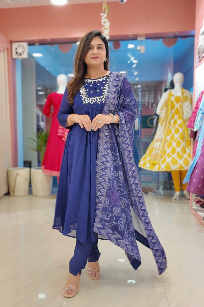 Inara Premium Chinnon Hand Embroidered A-line Pant Set - The Jaipur Studio