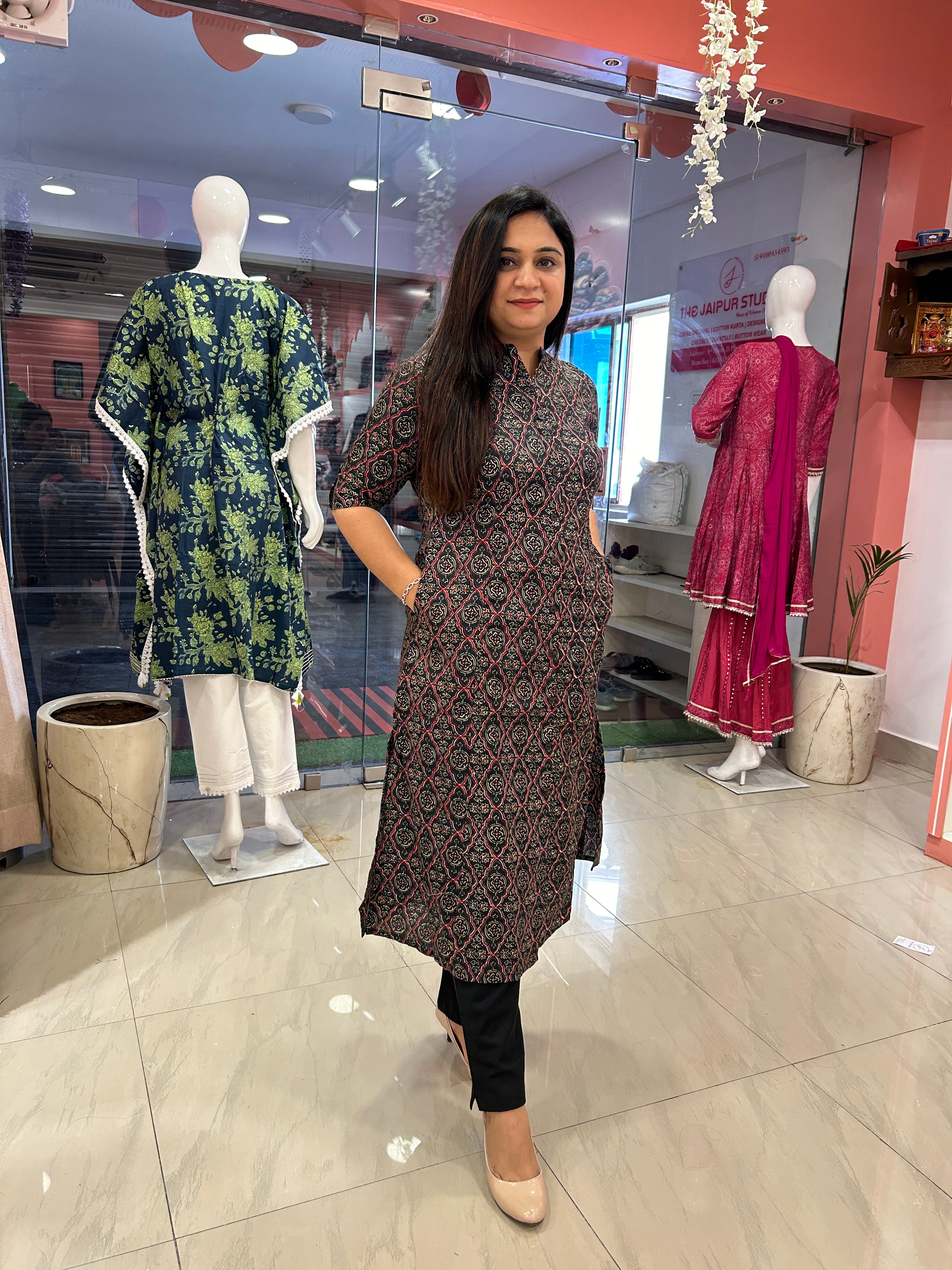 Rozana Cotton Casual A-Line Kurta with Pocket - The Jaipur Studio