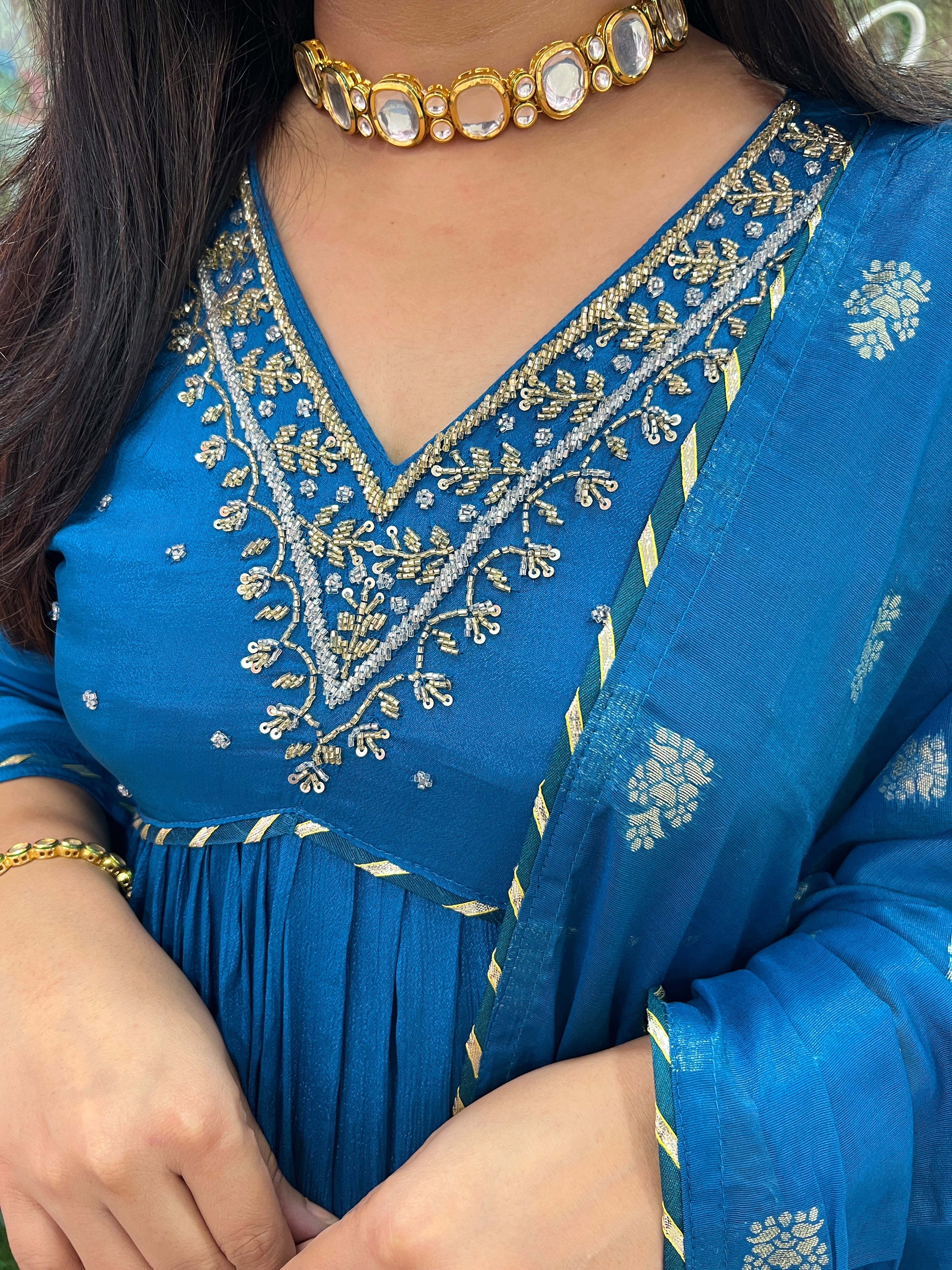 Chinon Blue Hand Embroidered Alia Cut Pant set - The Jaipur Studio