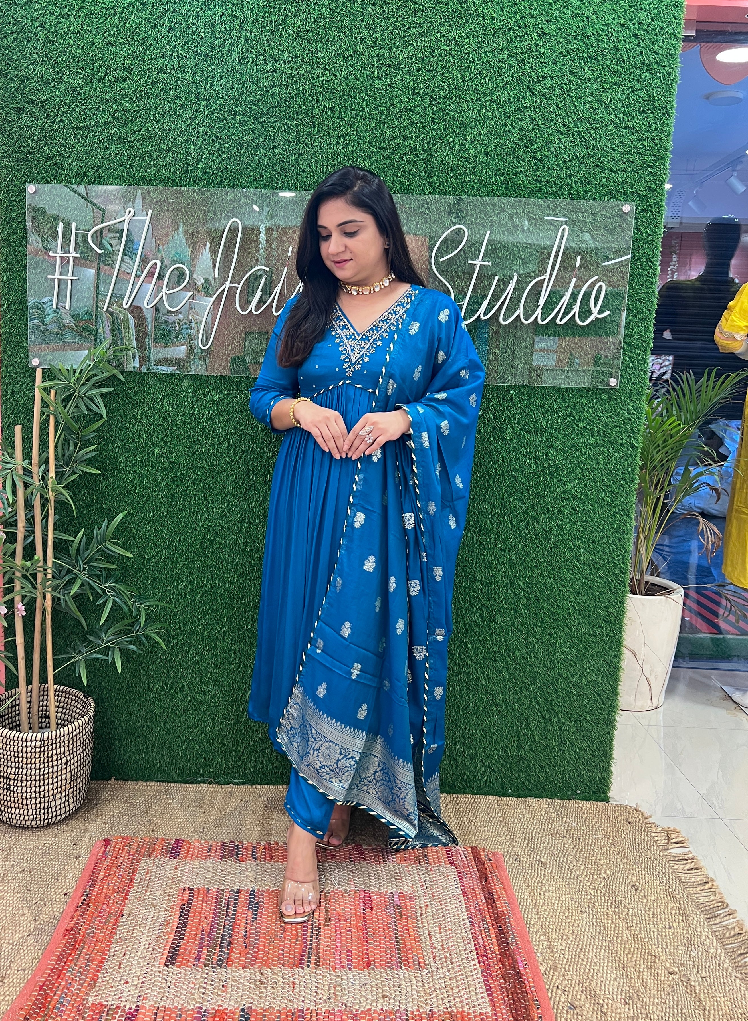 Chinon Blue Hand Embroidered Alia Cut Pant set - The Jaipur Studio