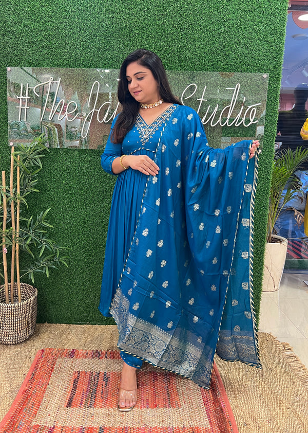 Chinon Blue Hand Embroidered Alia Cut Pant set